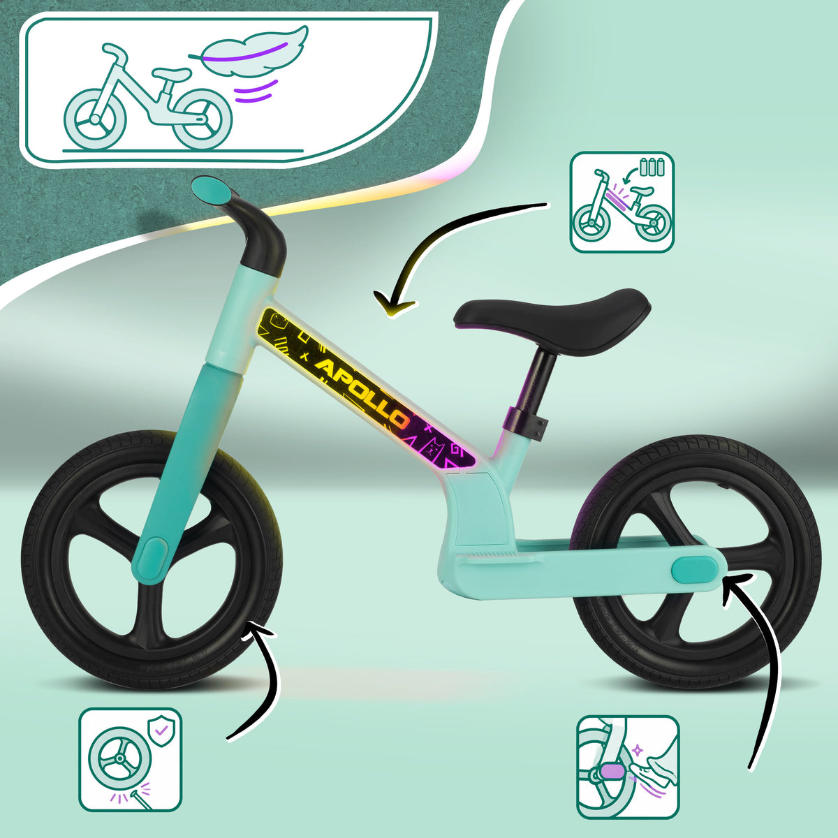 Apollo Funsport Nederland Trailbuddy LED loopfiets voor kinderen vanaf 2 jaar – 12 inch loopfiets met verlichting Mint