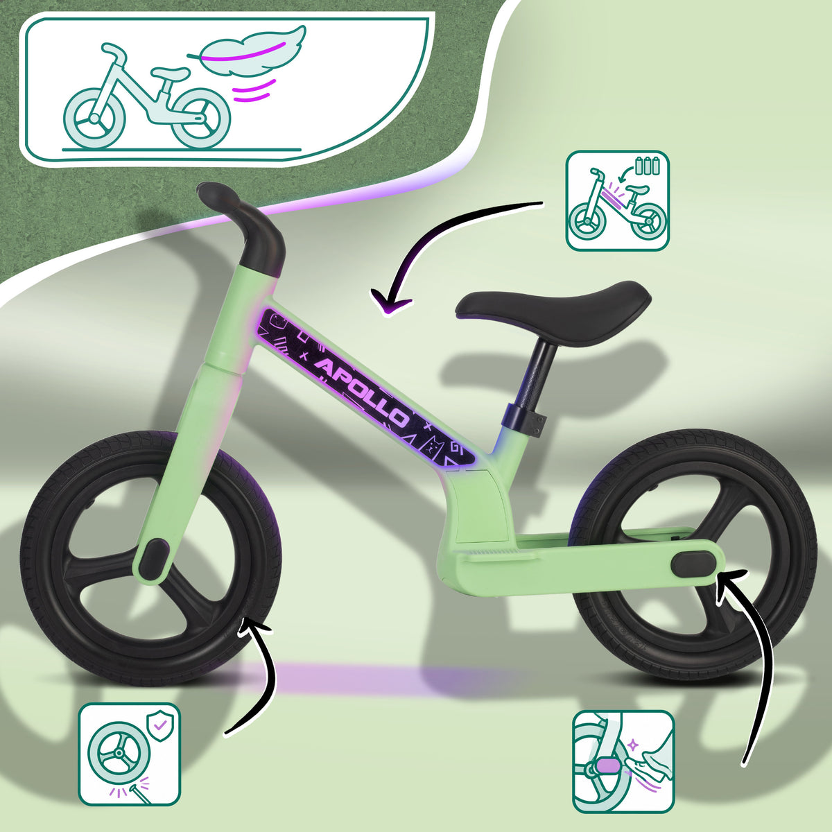 Apollo Funsport Nederland Trailbuddy LED loopfiets voor kinderen vanaf 2 jaar – 12 inch loopfiets met verlichting Groen