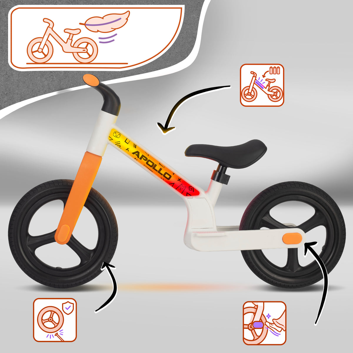 Apollo Funsport Nederland Trailbuddy LED loopfiets voor kinderen vanaf 2 jaar – 12 inch loopfiets met verlichting Wit