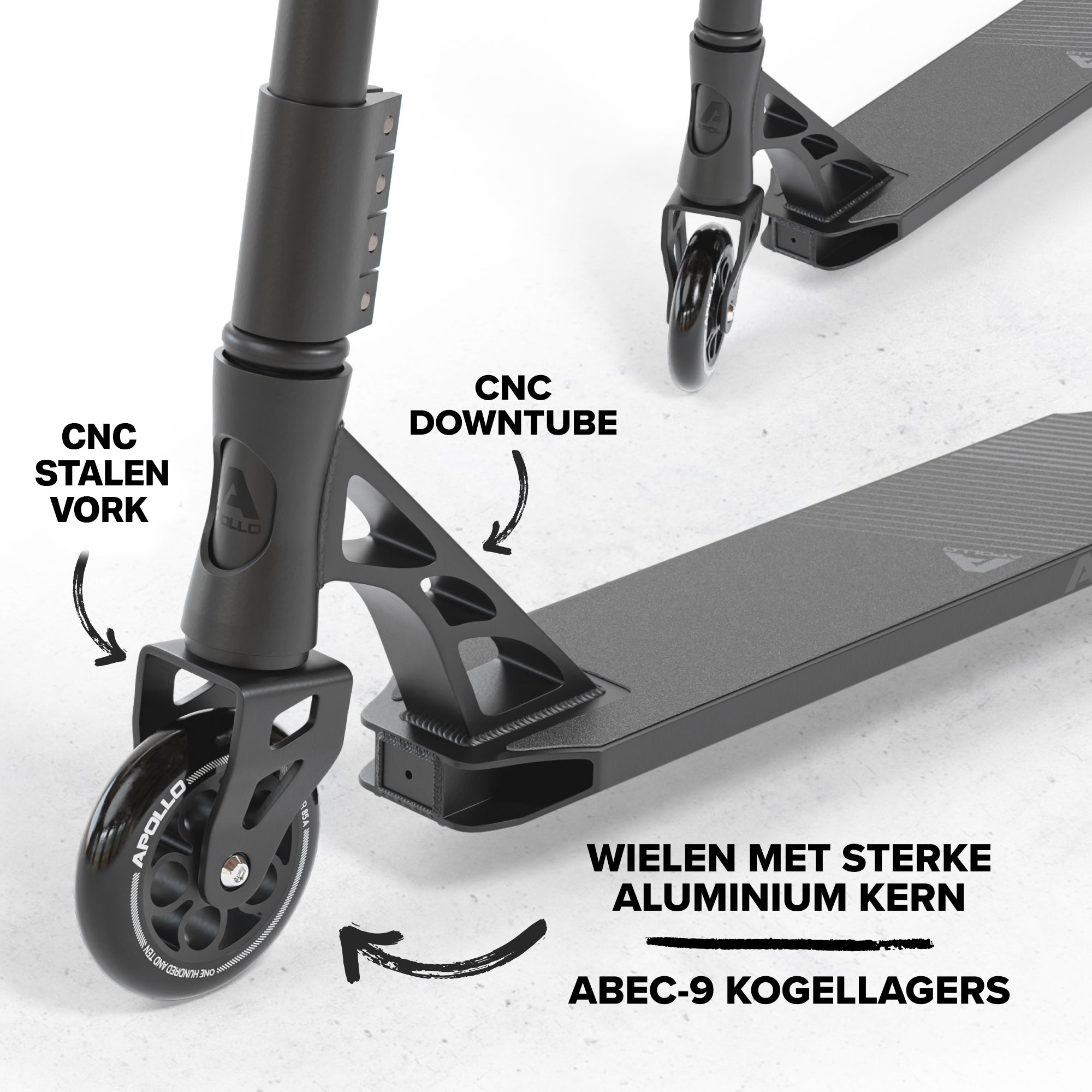 Apollo High-End Stunt Scooter Genesis Pro X Stuntstep met aluminium kern & ABEC 9 Zwart
