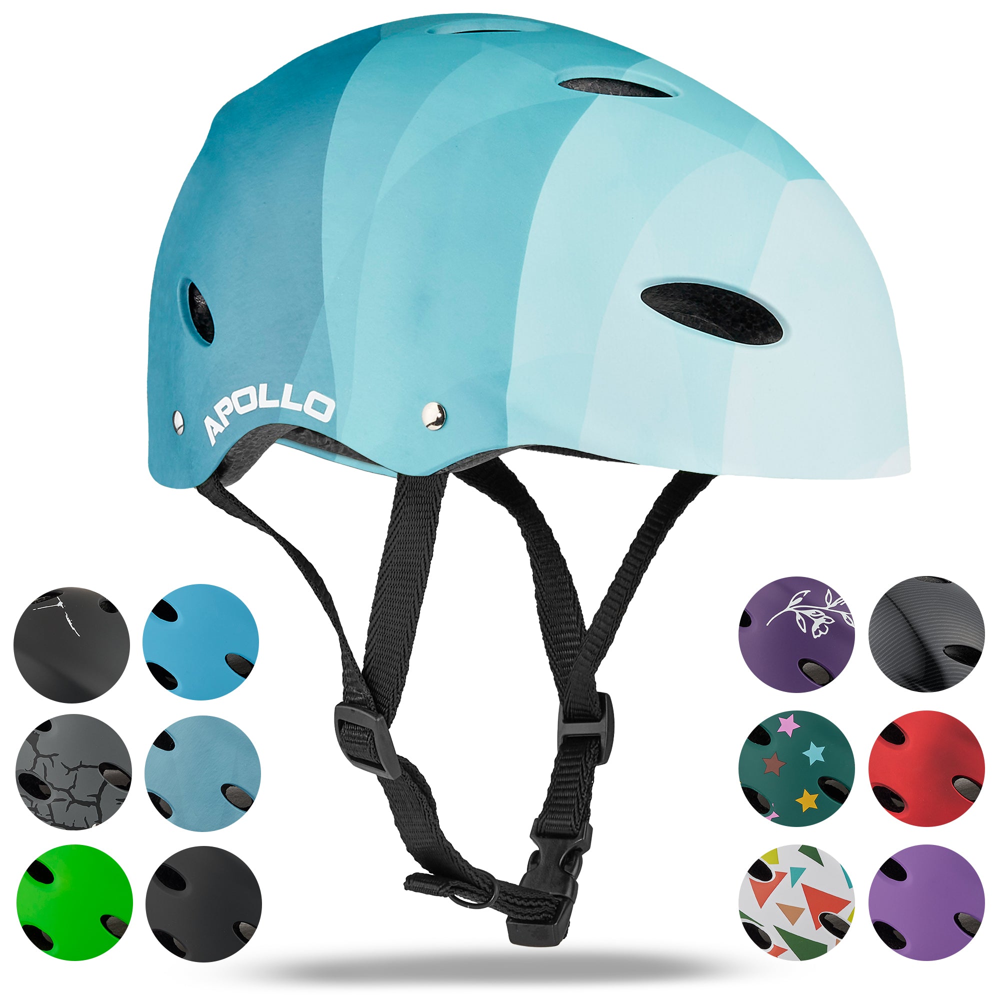 Apollo Skate Helm Fietshelm - Verstelbare Skateboard, Scooter, BMX Helm Blue Wave