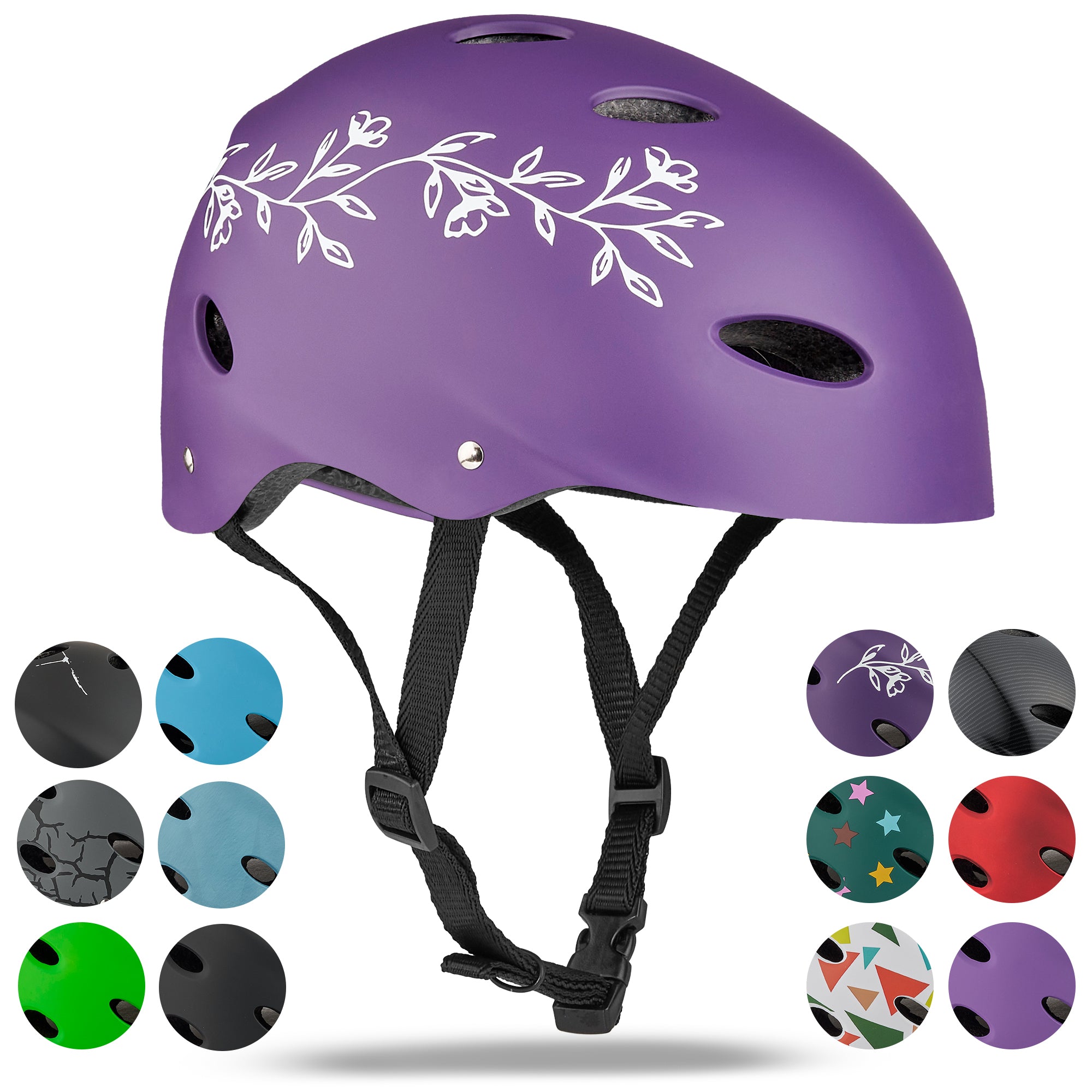 Apollo Skate Helm Fietshelm - Verstelbare Skateboard, Scooter, BMX Helm Purple Flower