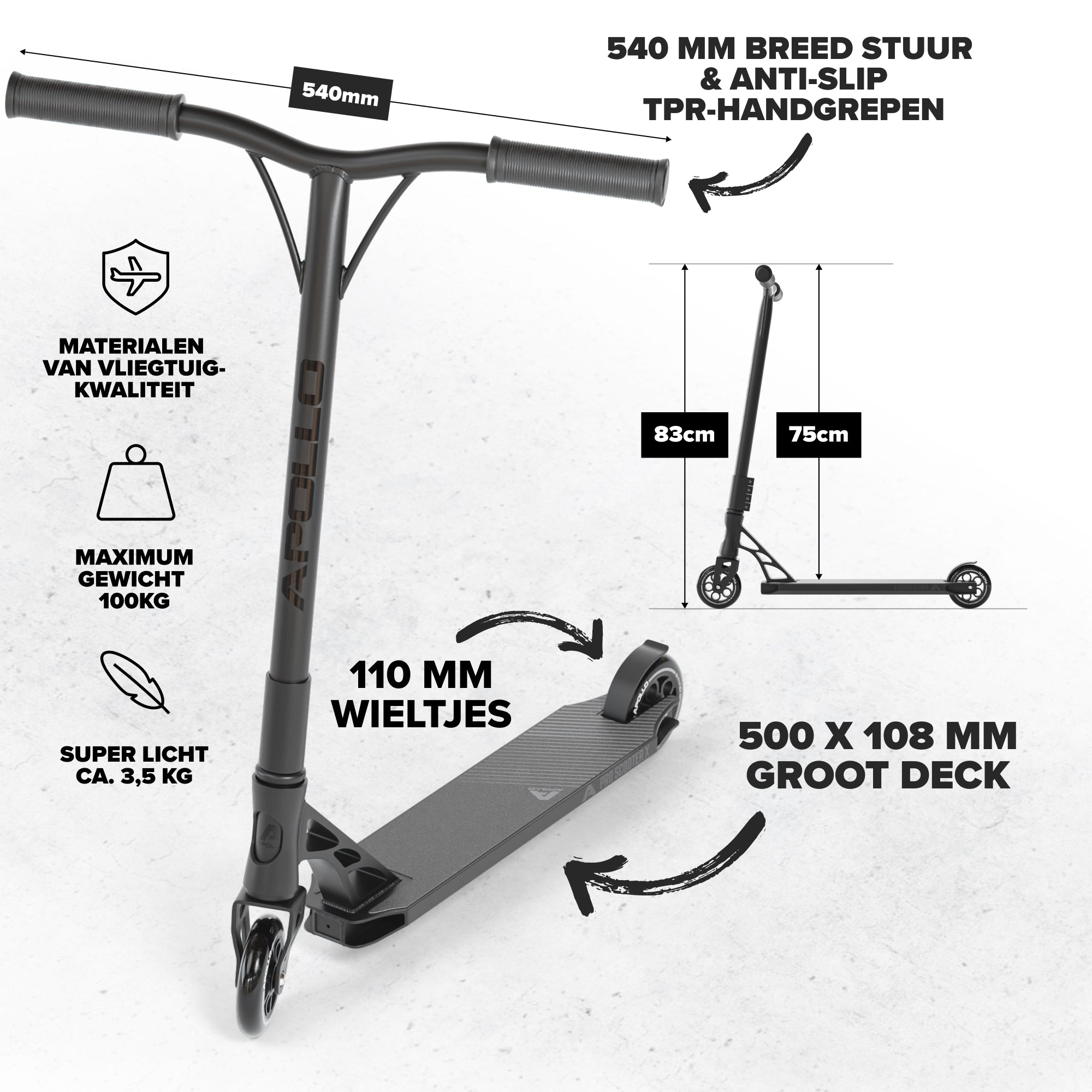 Apollo High-End Stunt Scooter Genesis Pro X Stuntstep met aluminium kern & ABEC 9 Zwart