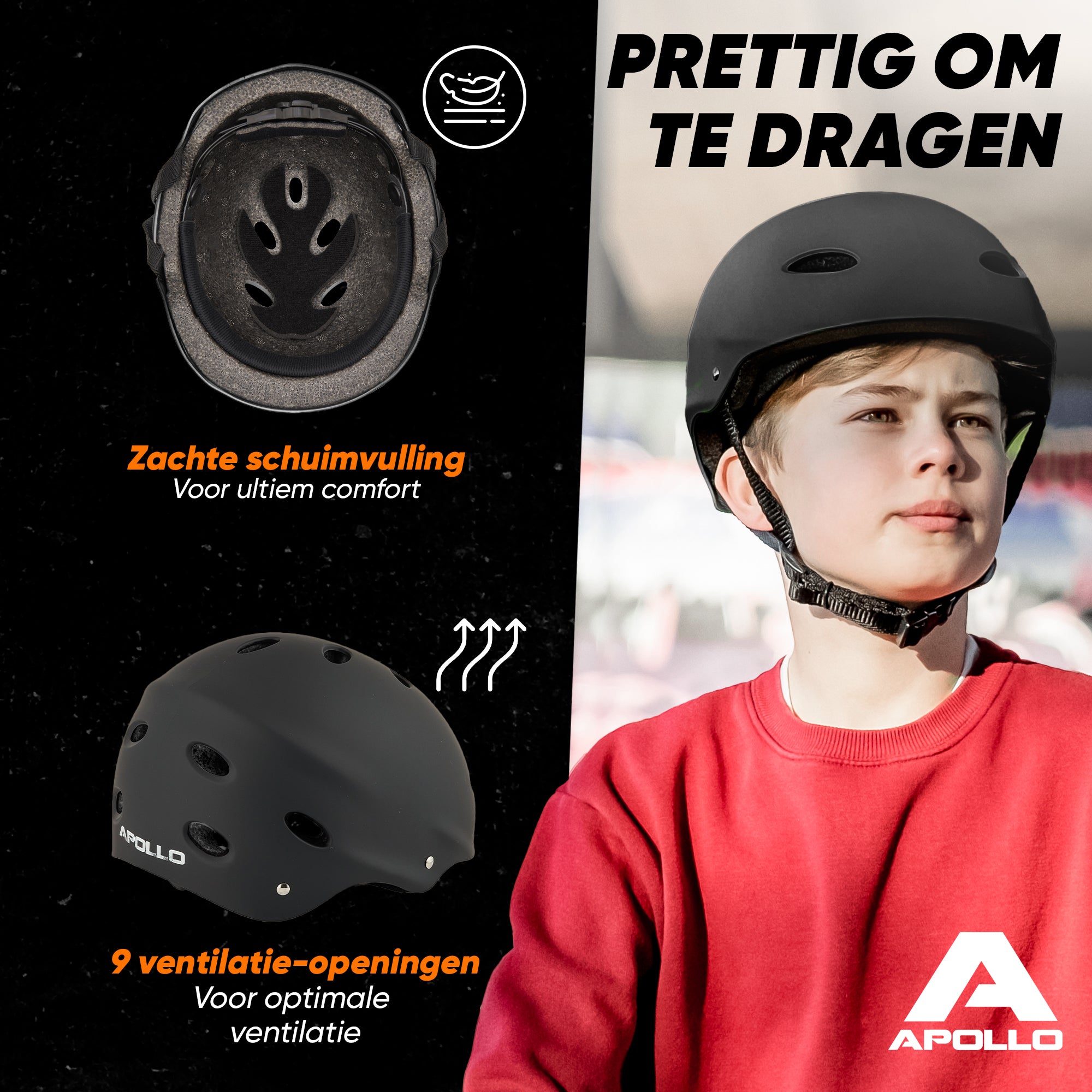 Apollo Skate Helm Fietshelm - Verstelbare Skateboard, Scooter, BMX Helm Zwart