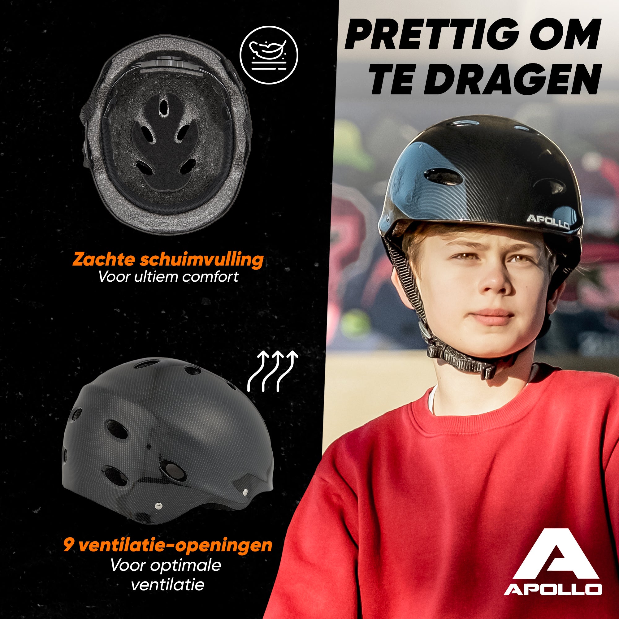 Apollo Skate Helm Fietshelm - Verstelbare Skateboard, Scooter, BMX Helm Dark Carbon
