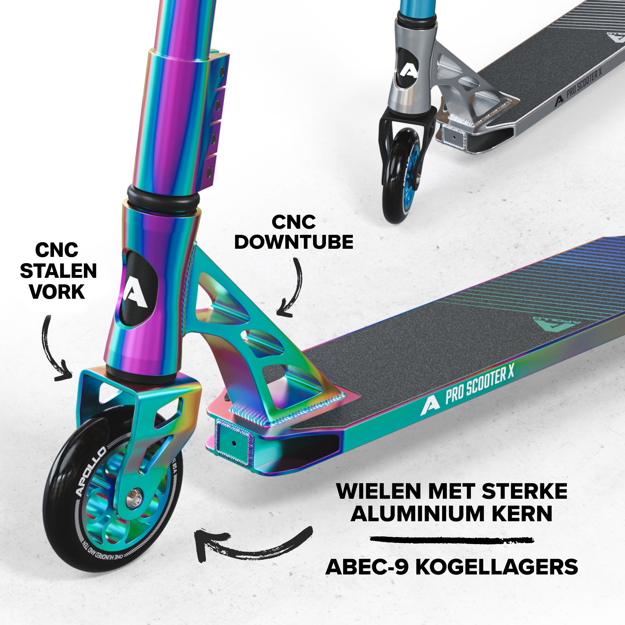 Apollo High-End Stunt Scooter Genesis Pro X Stuntstep met aluminium kern & ABEC 9 Full Rainbow