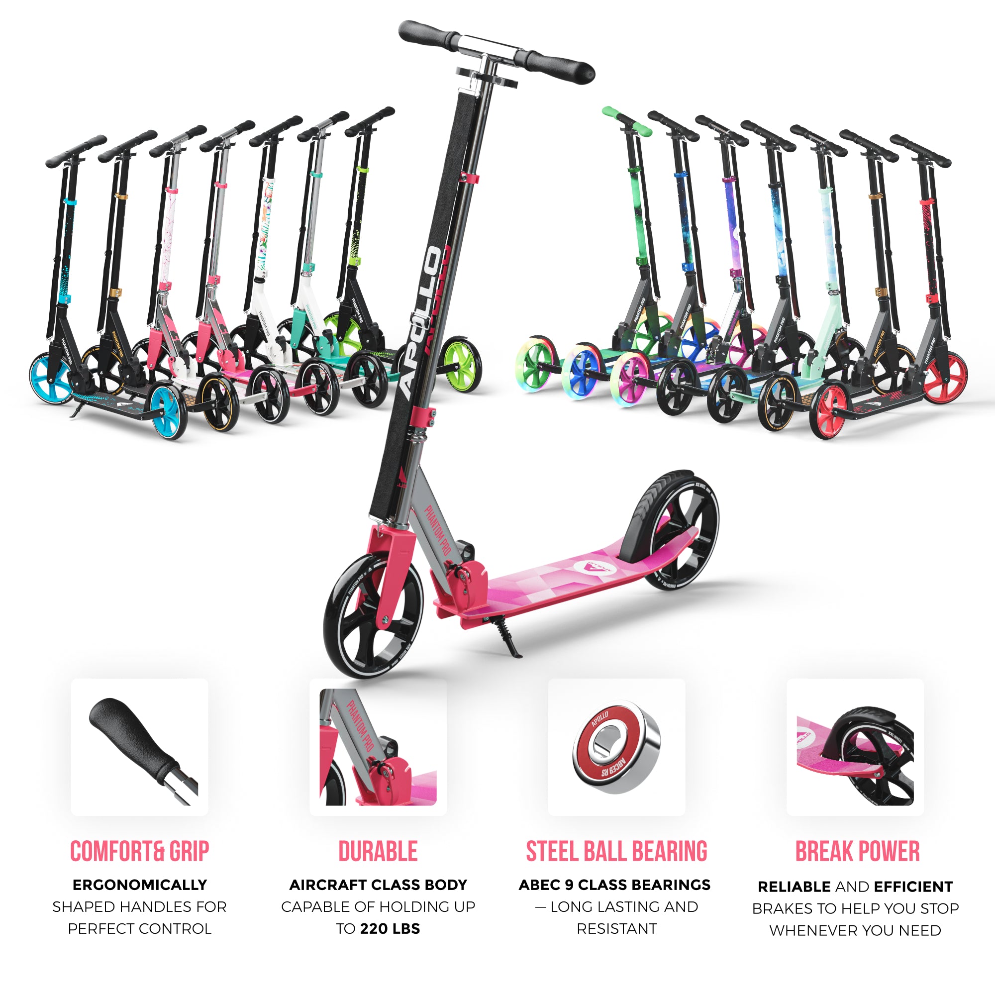 Apollo 'Phantom Pro' Opvouwbare en in hoogte verstelbare stadsscooter Roze Zilver