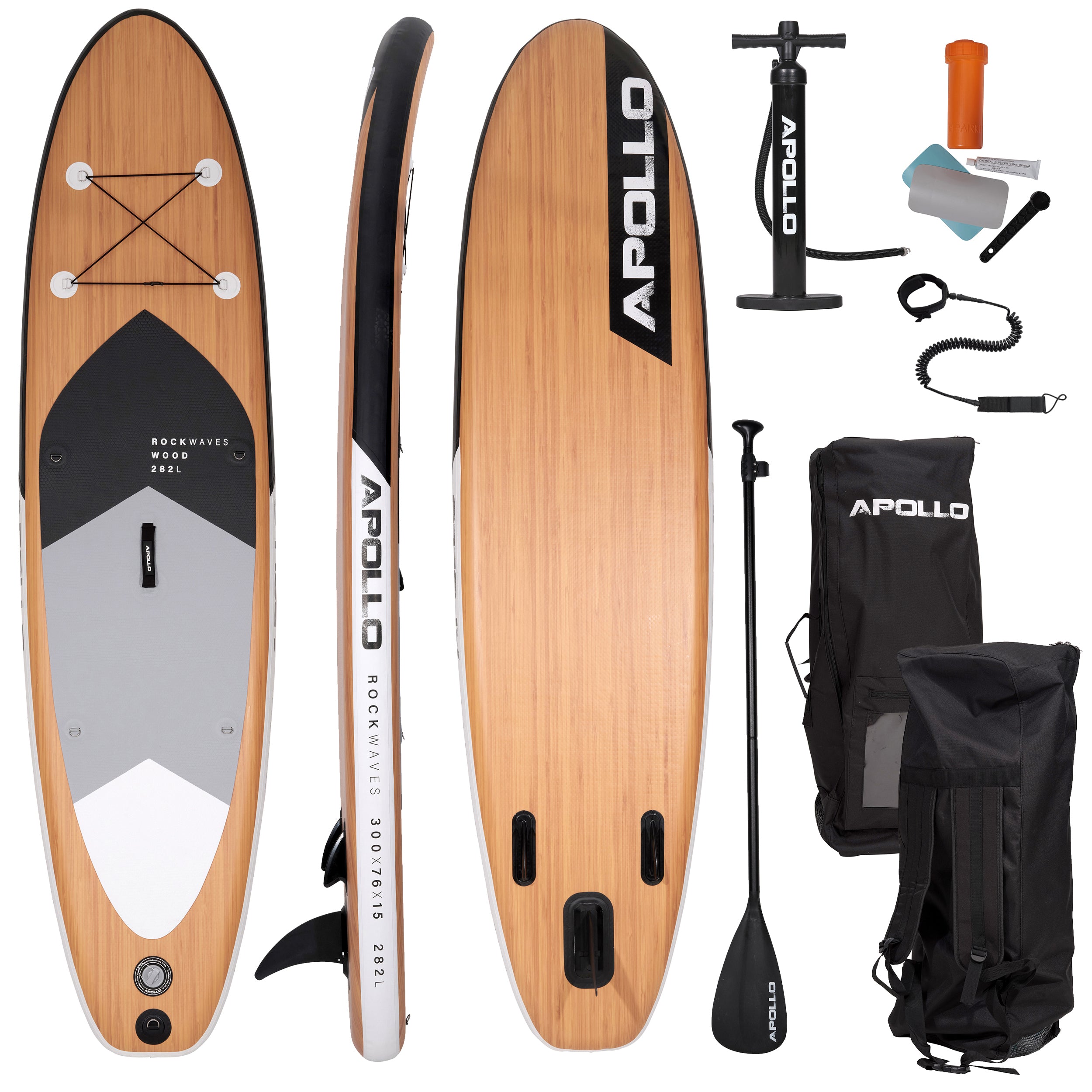 Apollo Funsport NL SUP Board 'Wood' 3m incl. SUP Peddel, Pomp en Reparatiekit Wood Zwart