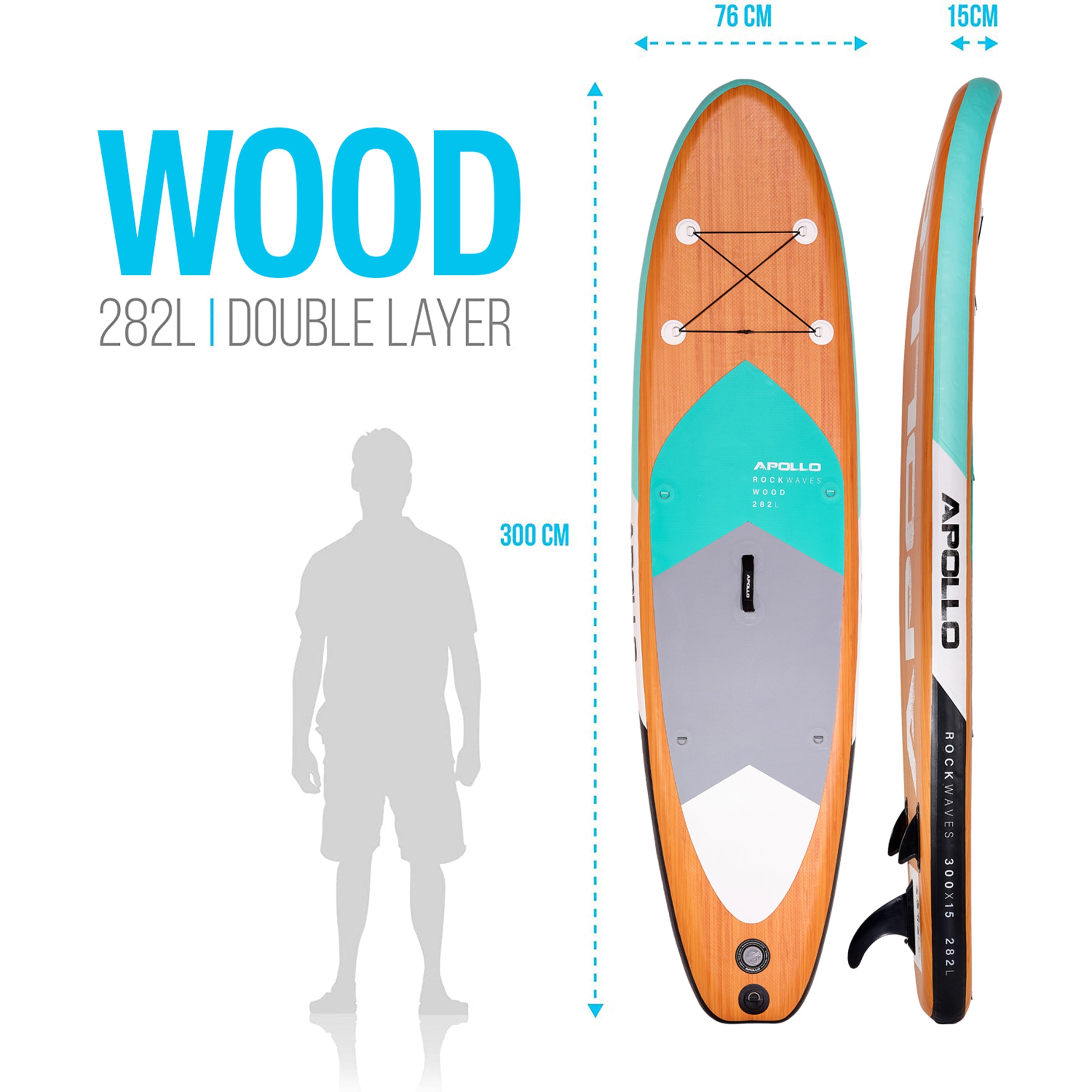 Apollo Funsport NL SUP Board 'Wood' 3m incl. SUP Peddel, Pomp en Reparatiekit Wood Zwart