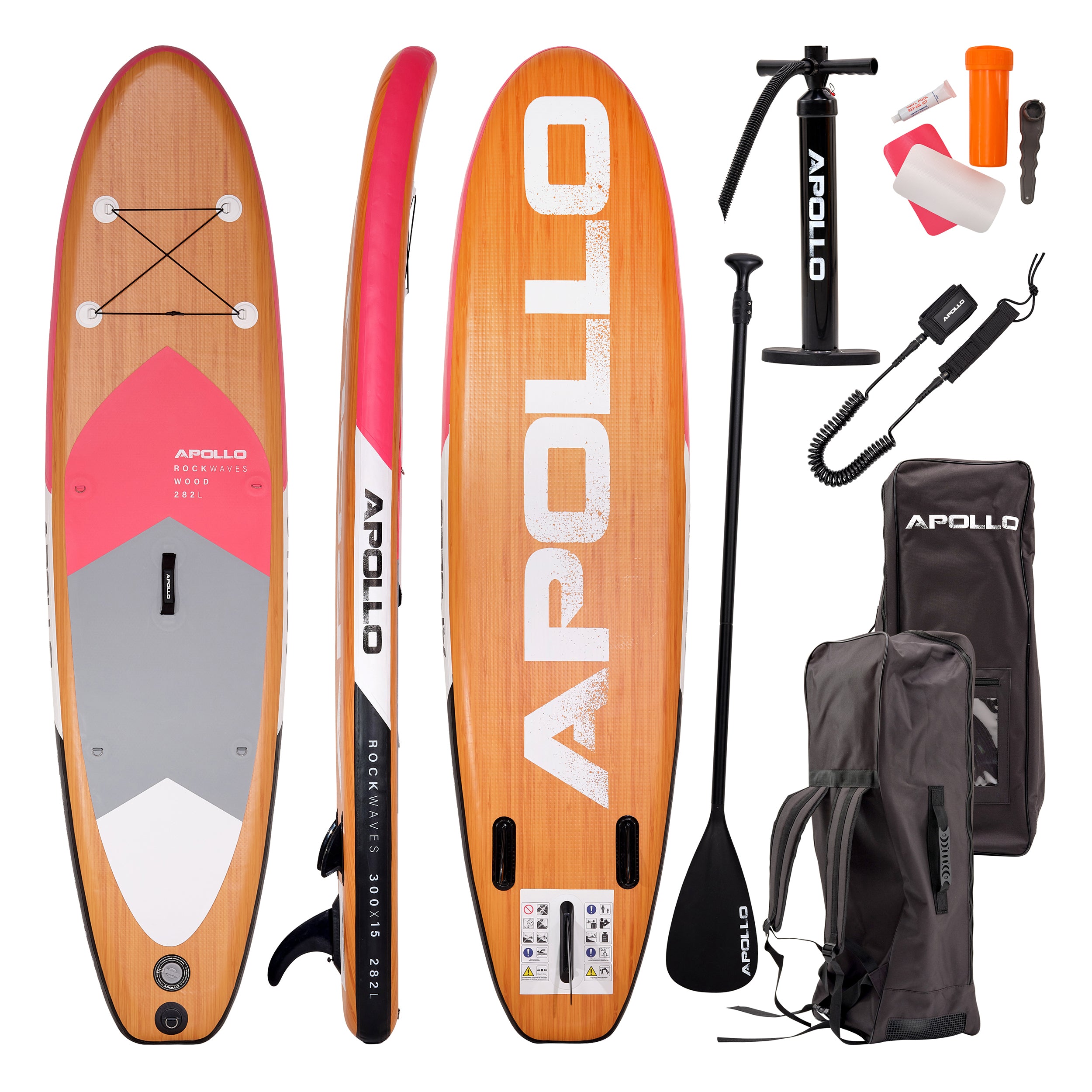 Apollo Funsport NL SUP Board 'Wood' 3m incl. SUP Peddel, Pomp en Reparatiekit Wood Roze
