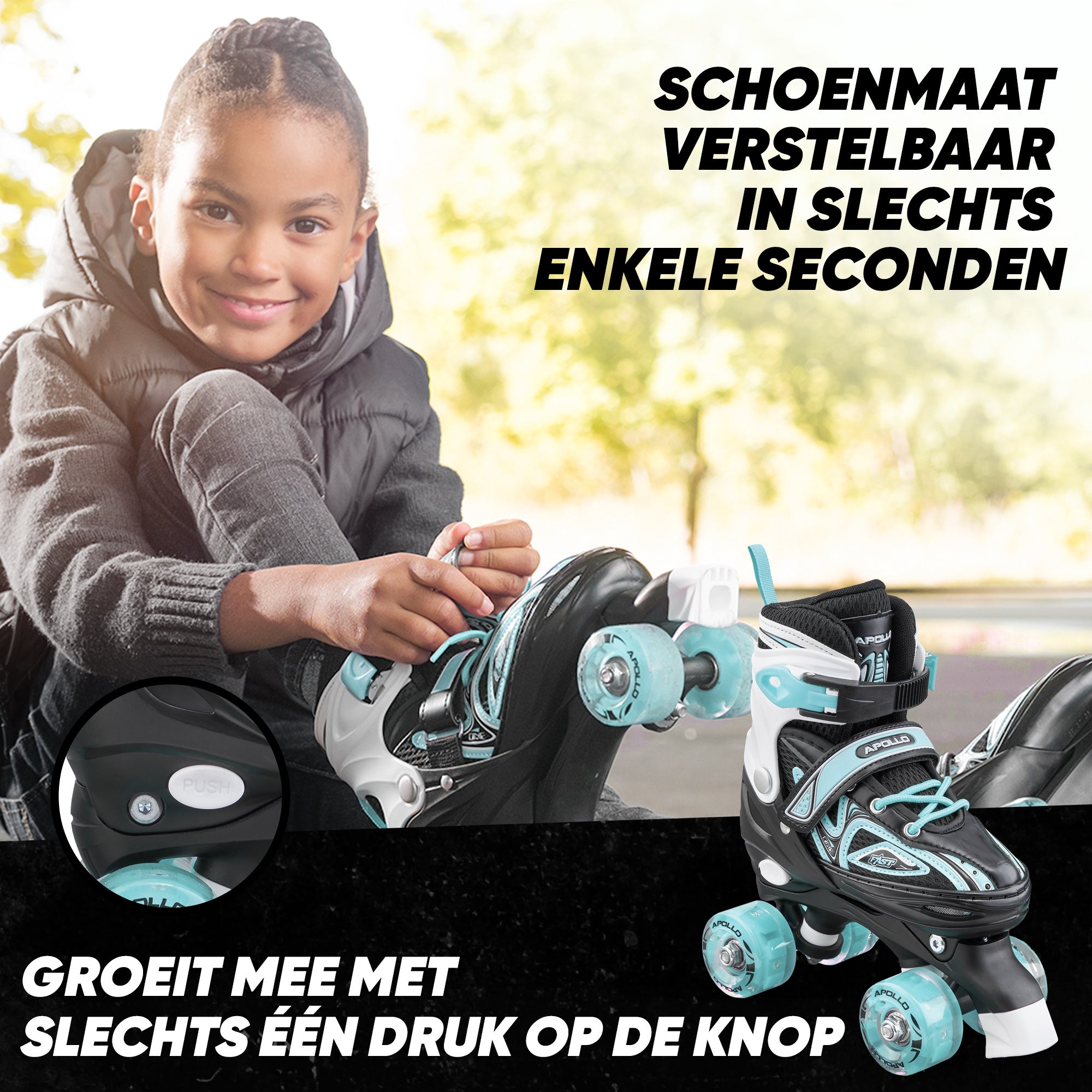 Apollo Verstelbare rolschaatsen 'Super Quads X Pro' maat 31-42, Turquoise L (39-42)