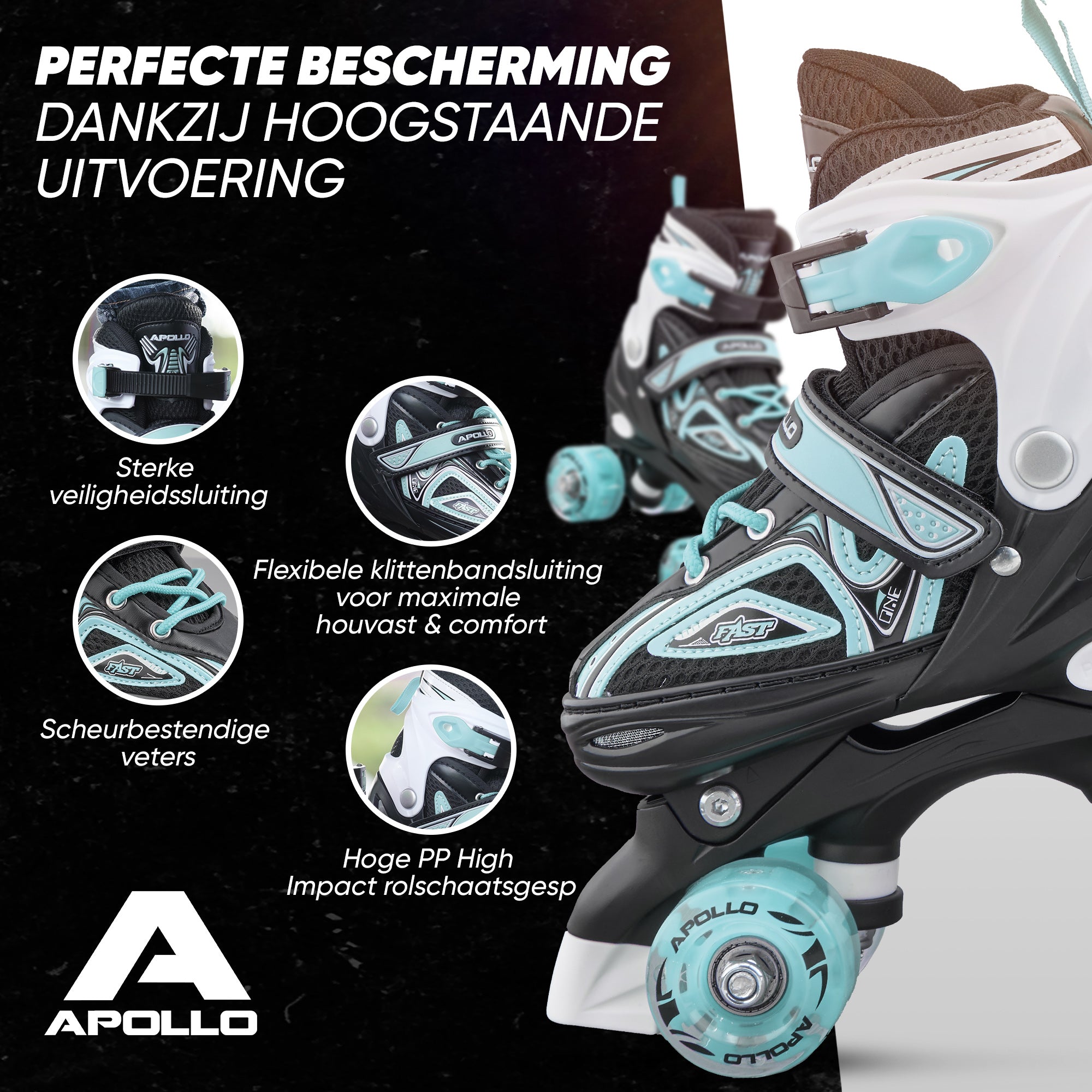 Apollo Verstelbare rolschaatsen 'Super Quads X Pro' maat 31-42, Turquoise L (39-42)