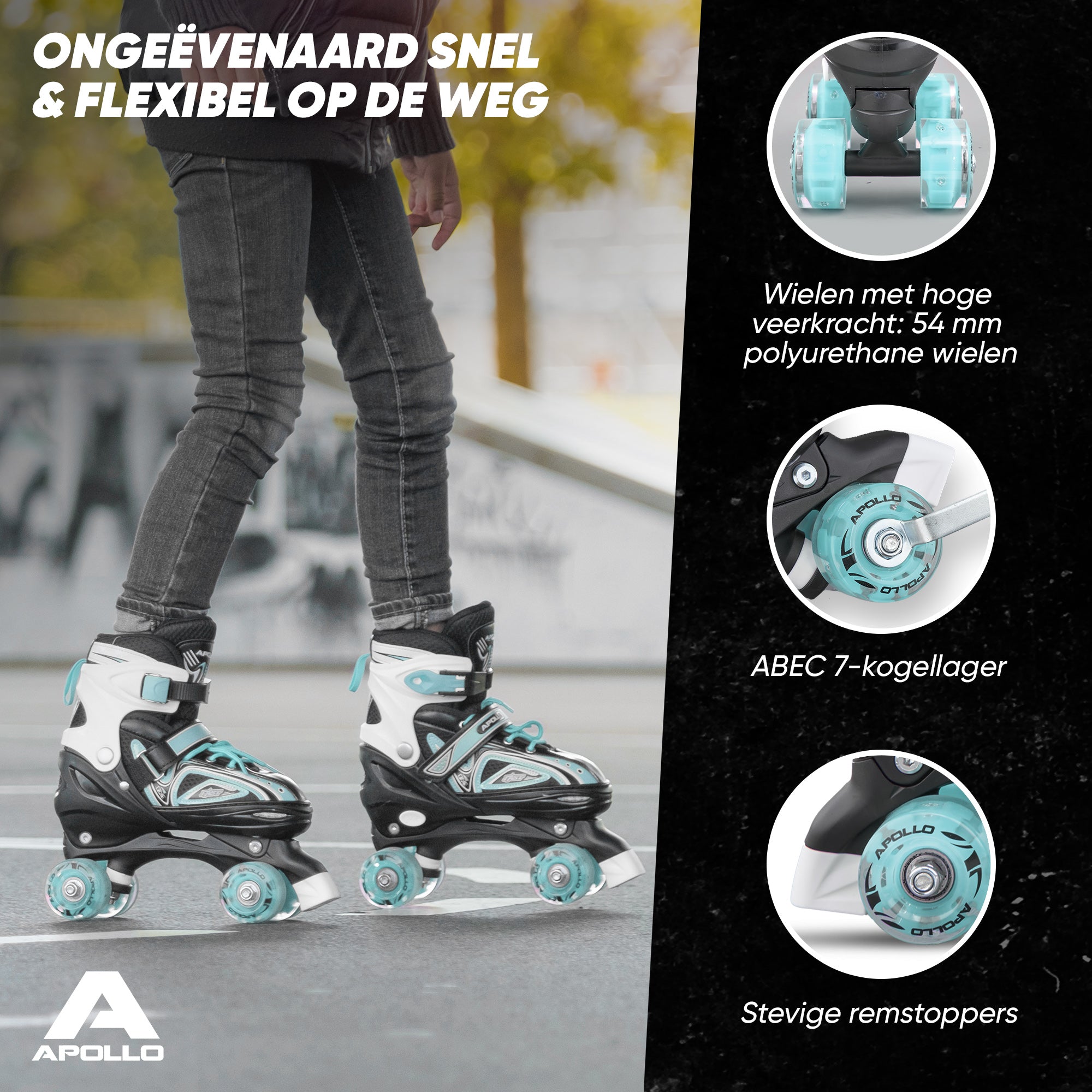 Apollo Verstelbare rolschaatsen 'Super Quads X Pro' maat 31-42, Turquoise L (39-42)