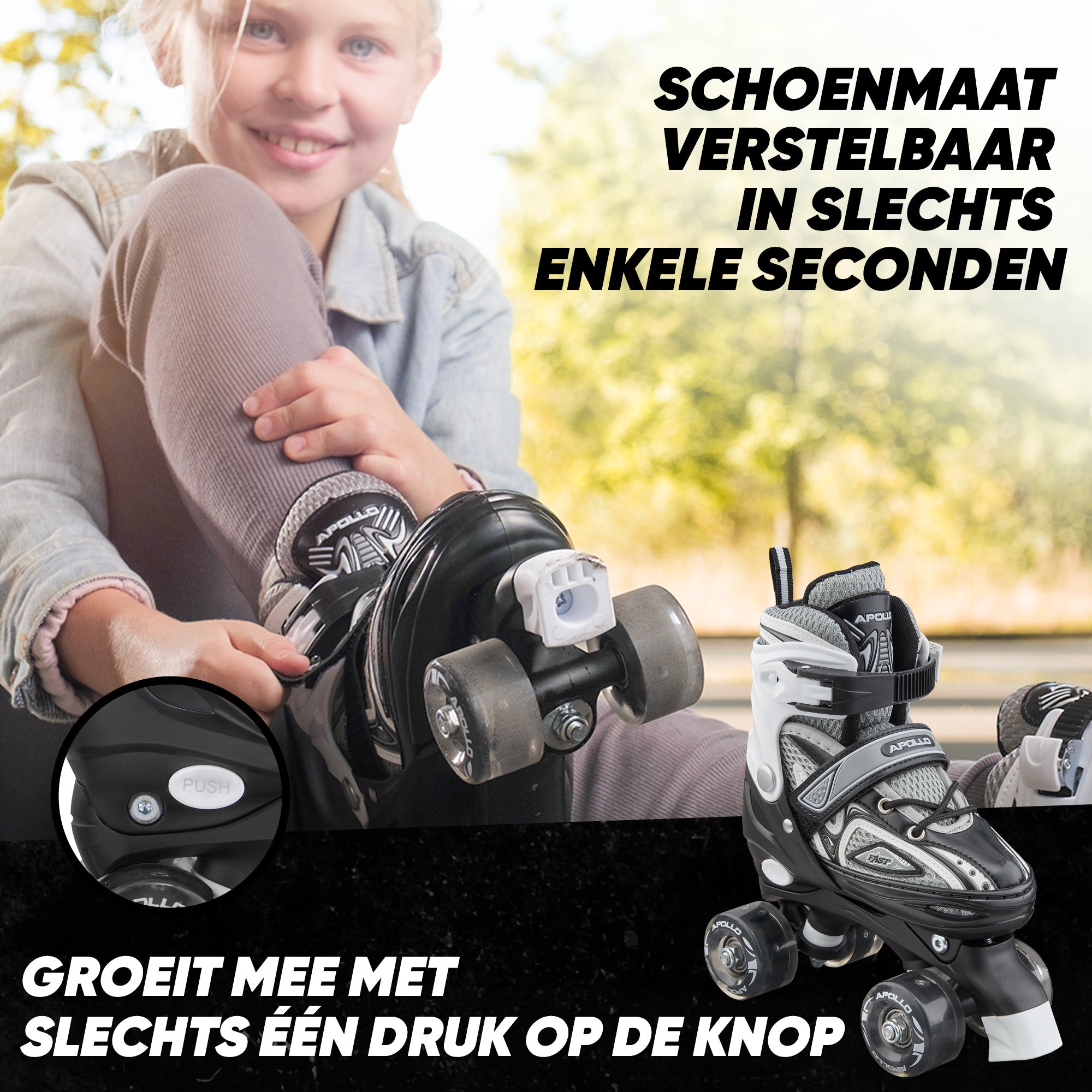 Apollo Verstelbare rolschaatsen 'Super Quads X Pro' maat 31-42, Zwart L (39-42)