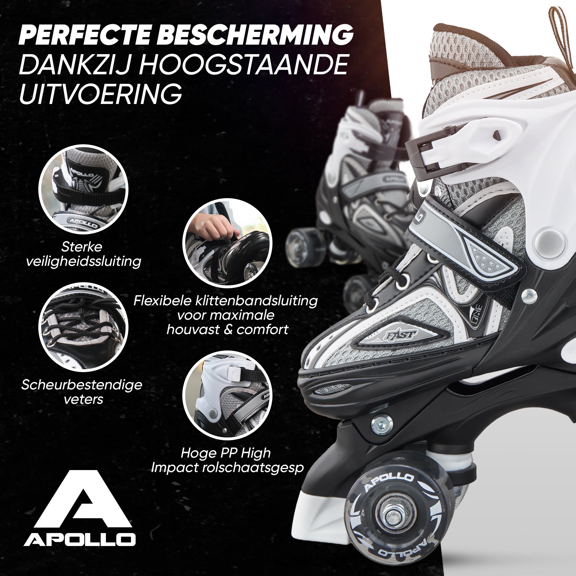 Apollo Verstelbare rolschaatsen 'Super Quads X Pro' maat 31-42, Zwart L (39-42)