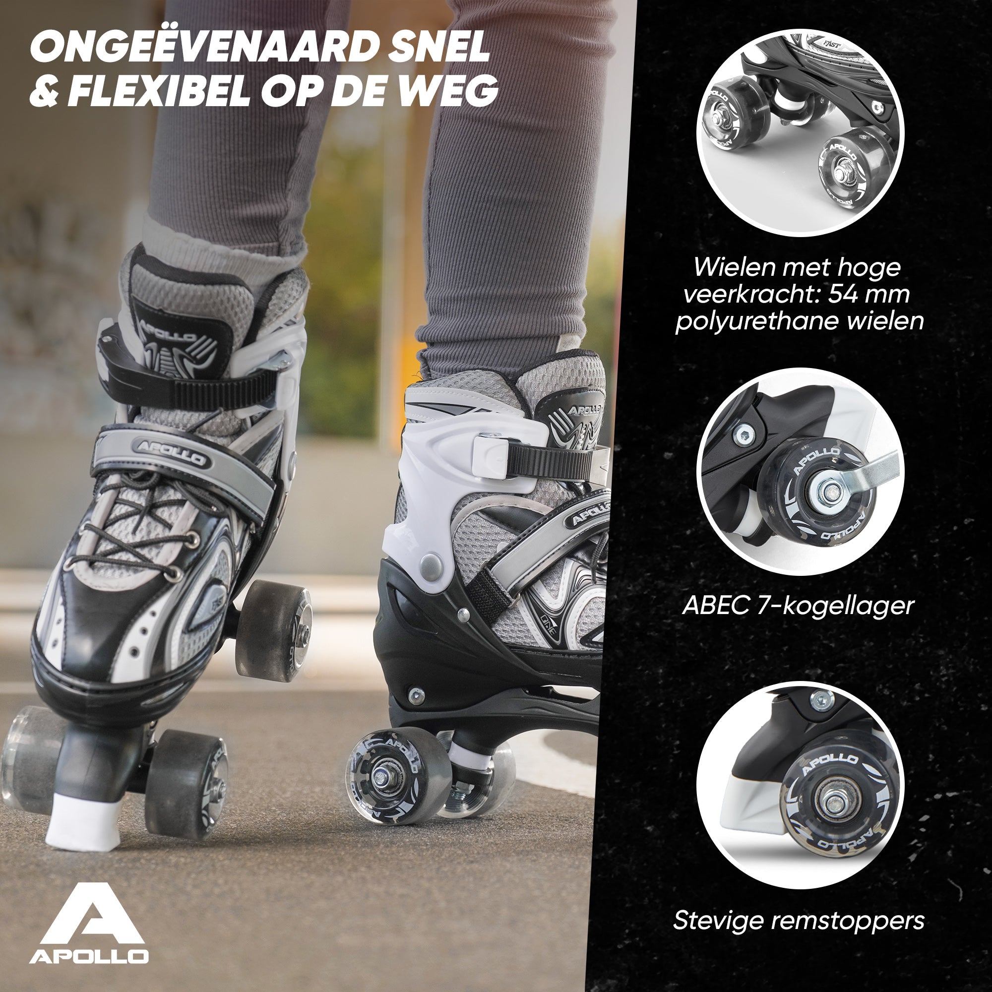 Apollo Verstelbare rolschaatsen 'Super Quads X Pro' maat 31-42, Zwart L (39-42)