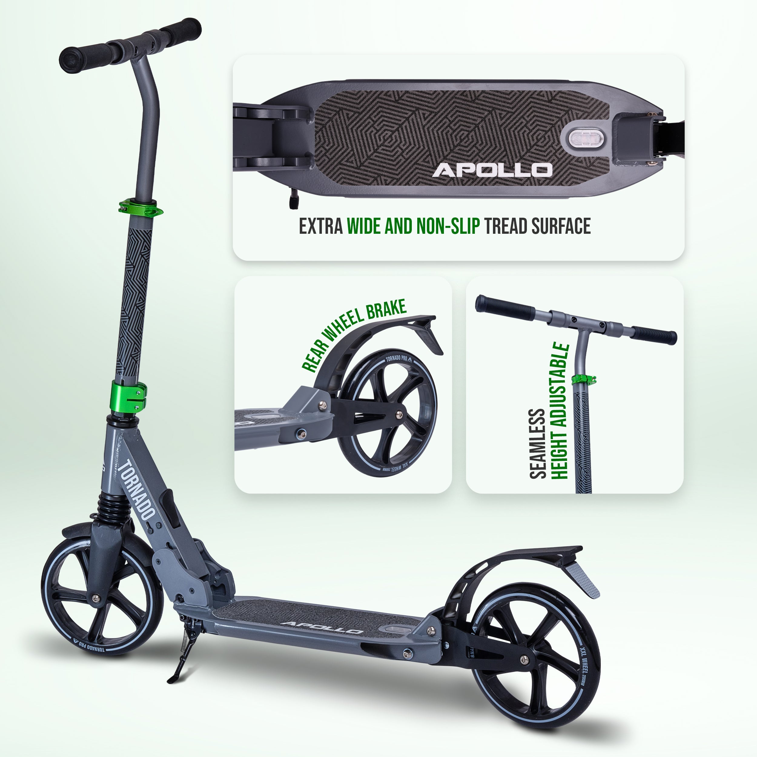 Apollo Autoped "Tornado 2.0" Cityroller voor Volwassenen en Kinderen Grijs Groen