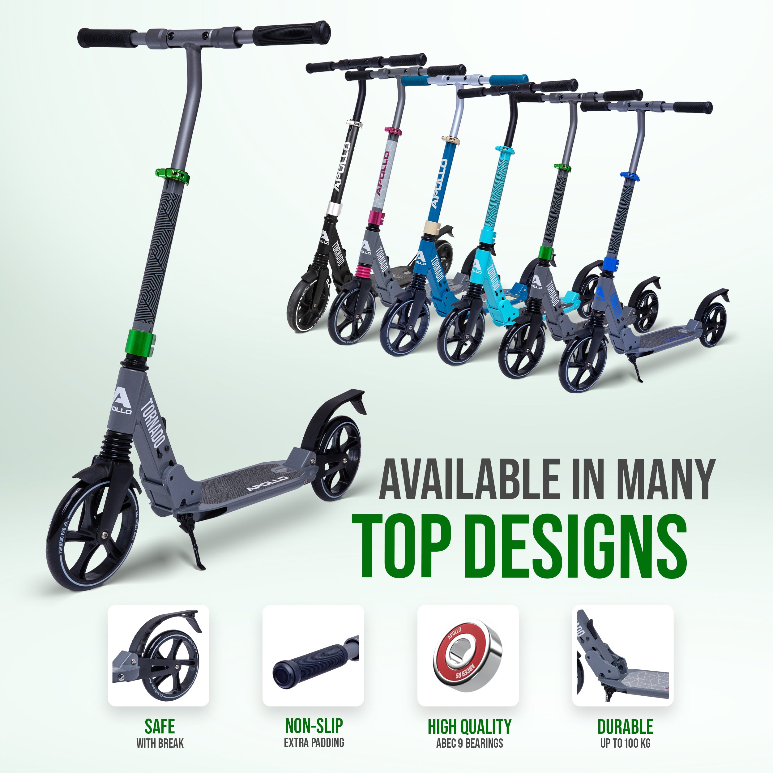 Apollo Autoped "Tornado 2.0" Cityroller voor Volwassenen en Kinderen Grijs Groen