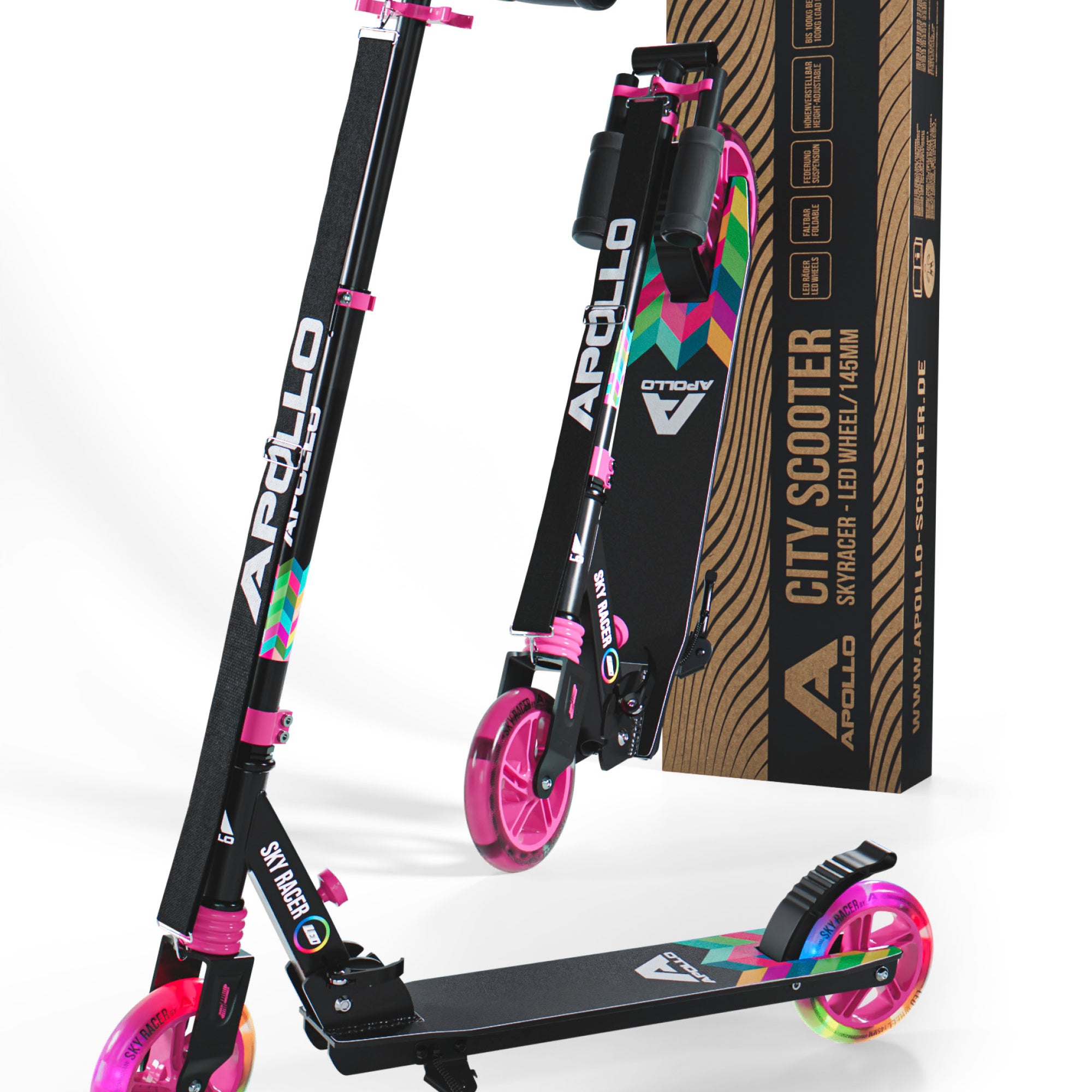 Apollo 145 mm City-Scooter met Vering "Skyracer" opvouwbaar en in hoogte verstelbaar Veelkleurig