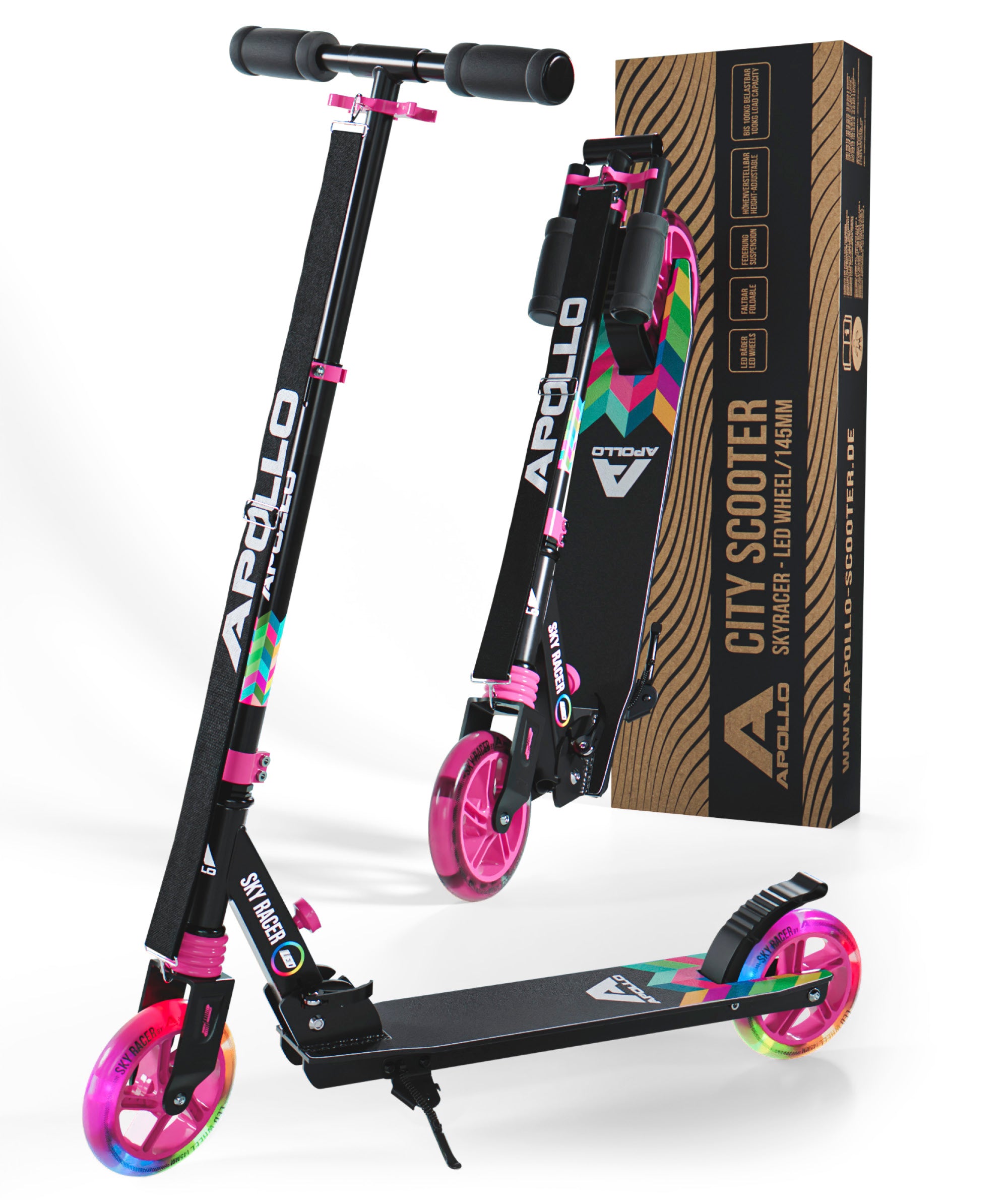 Apollo 145 mm City-Scooter met Vering "Skyracer" opvouwbaar en in hoogte verstelbaar Veelkleurig