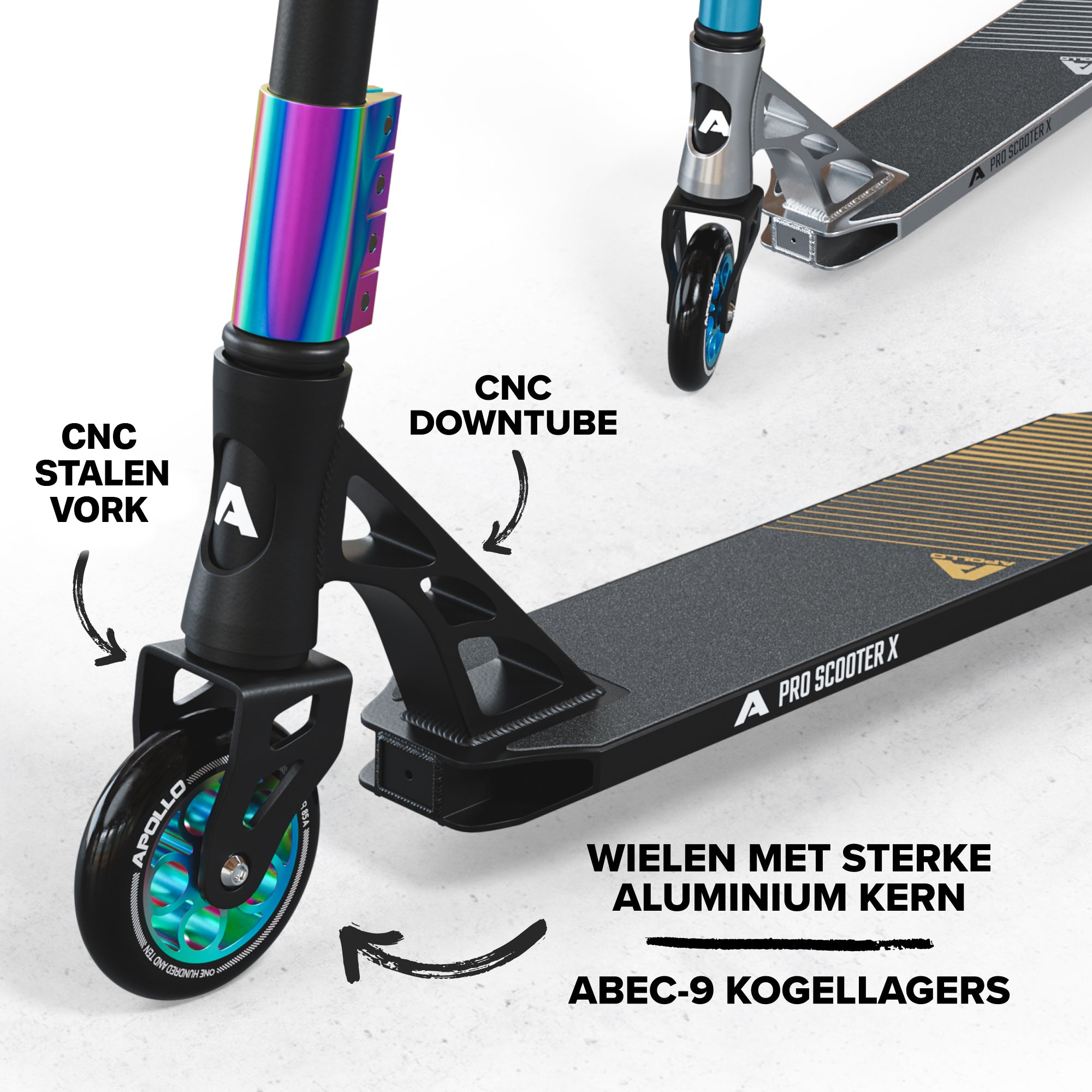 Apollo High-End Stunt Scooter Genesis Pro X Stuntstep met aluminium kern & ABEC 9 Rainbow