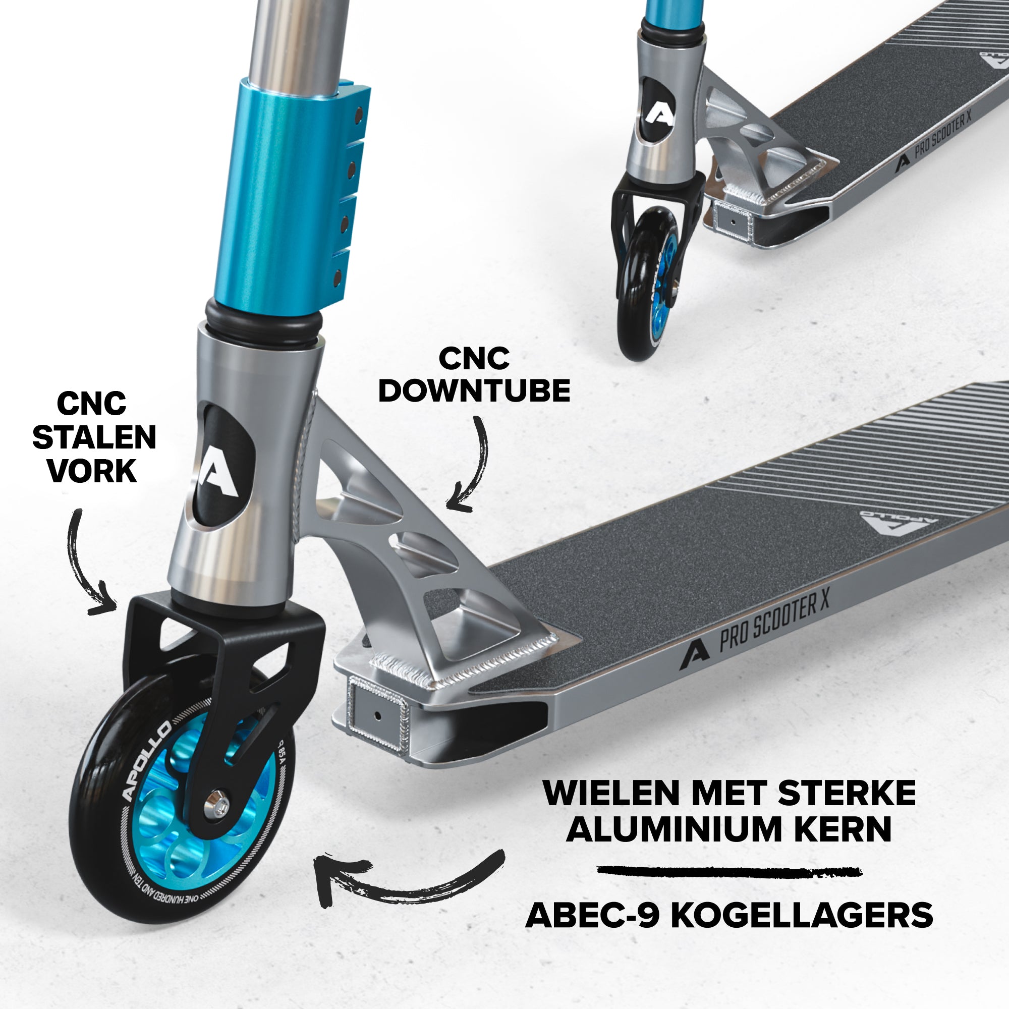 Apollo High-End Stunt Scooter Genesis Pro X Stuntstep met aluminium kern & ABEC 9 Zilver