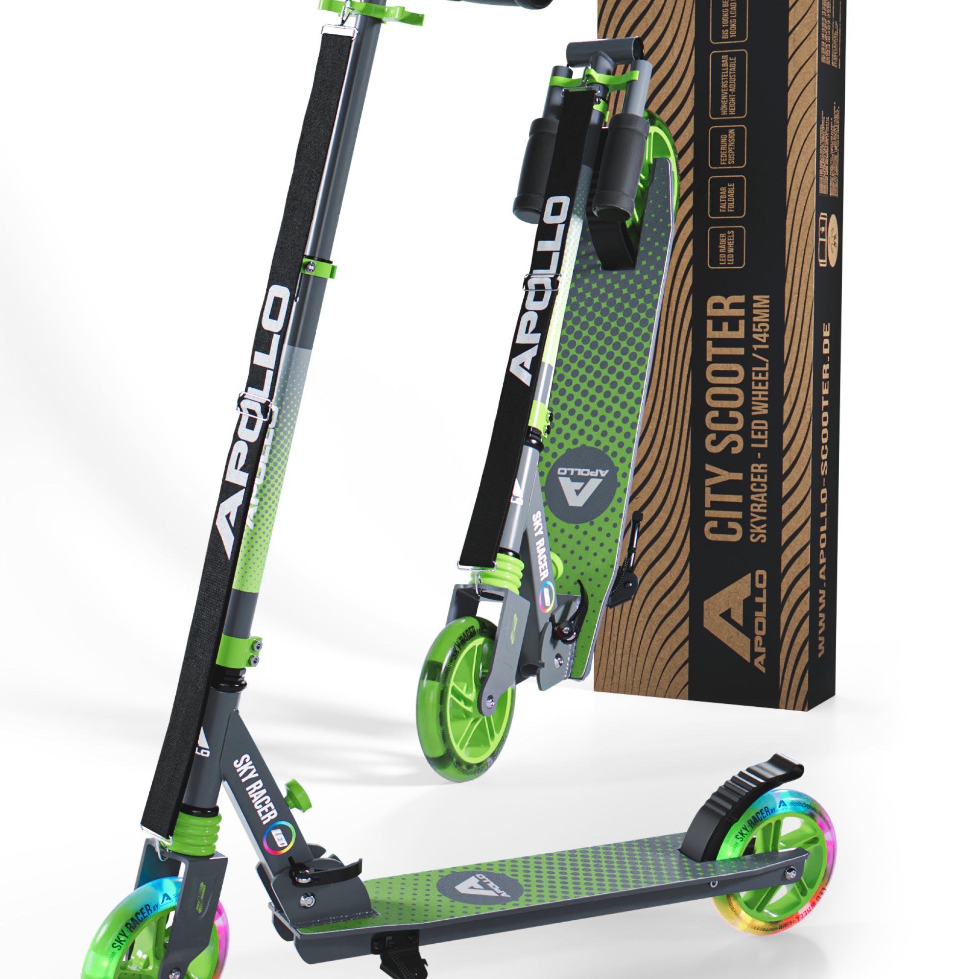 Apollo 145 mm City-Scooter met Vering "Skyracer" opvouwbaar en in hoogte verstelbaar Groen Grijs