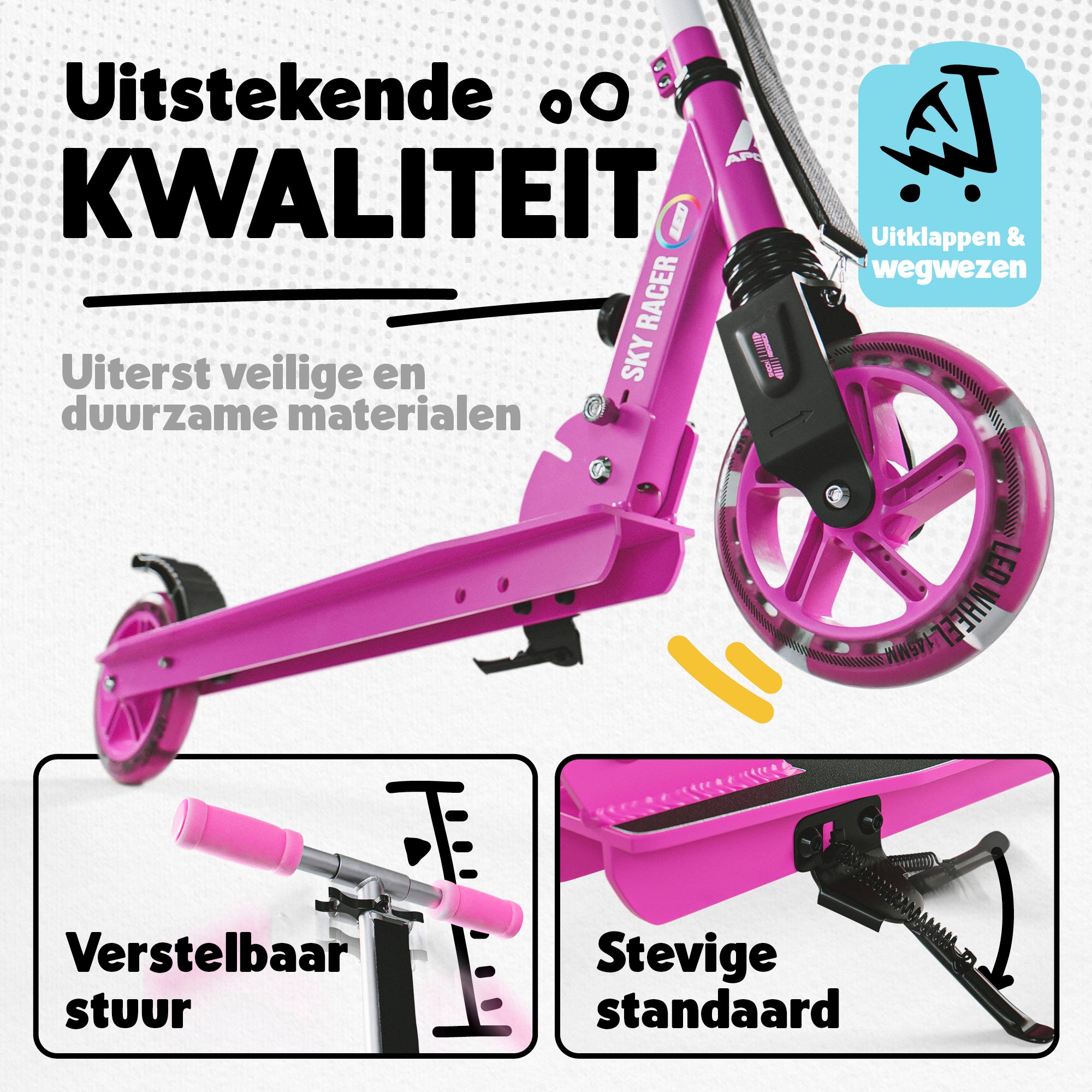 Apollo 145 mm City-Scooter met Vering "Skyracer" opvouwbaar en in hoogte verstelbaar Roze Wit