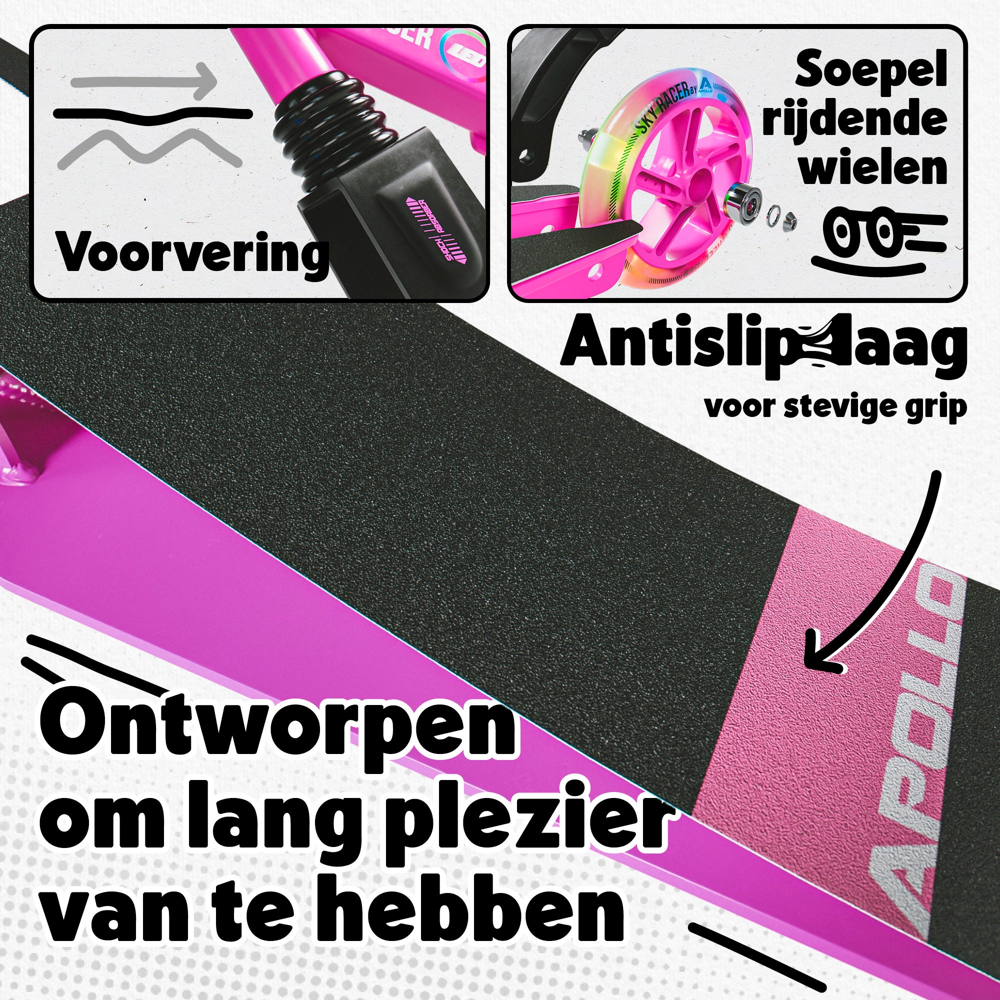 Apollo 145 mm City-Scooter met Vering "Skyracer" opvouwbaar en in hoogte verstelbaar Roze Wit