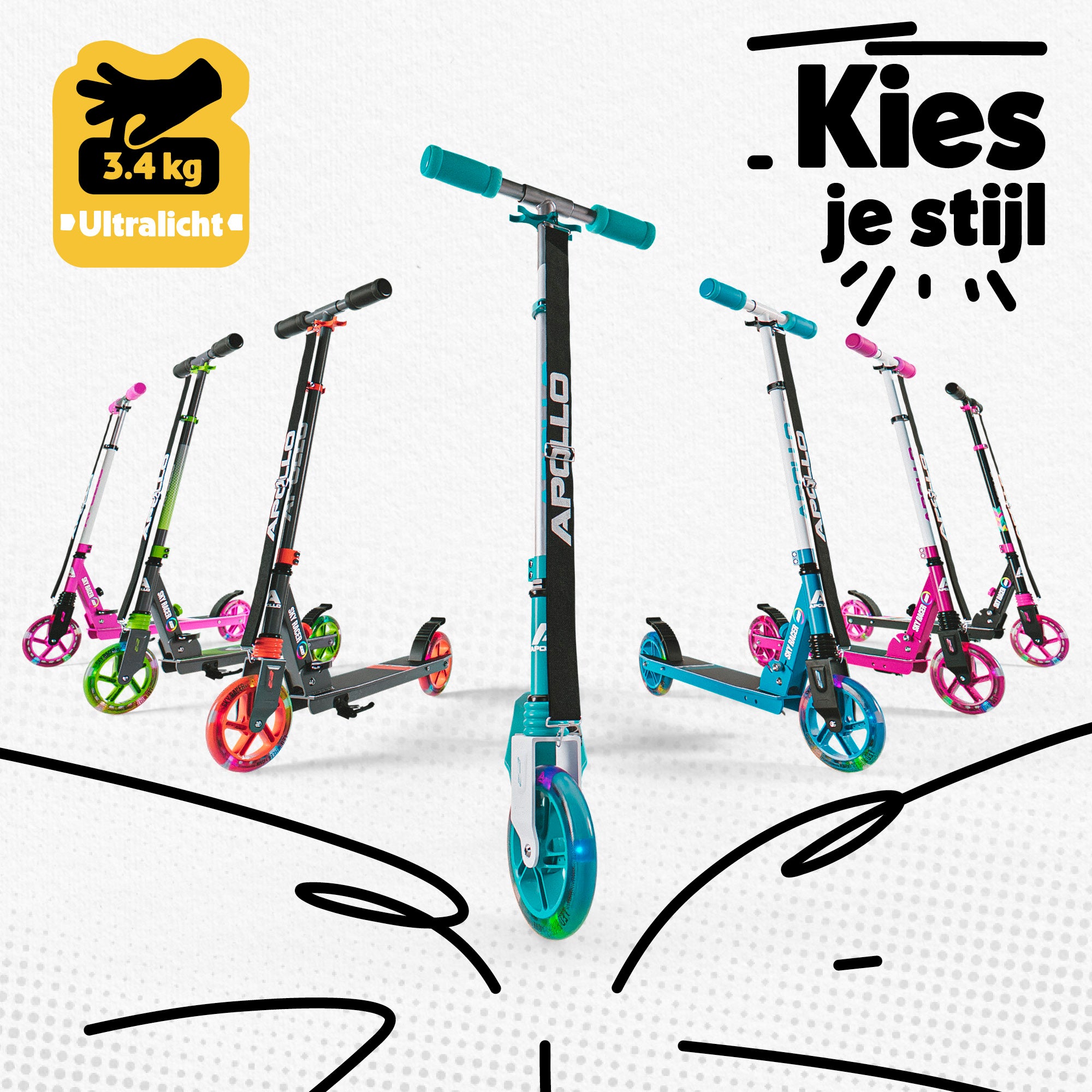 Apollo 145 mm City-Scooter met Vering "Skyracer" opvouwbaar en in hoogte verstelbaar Roze Wit