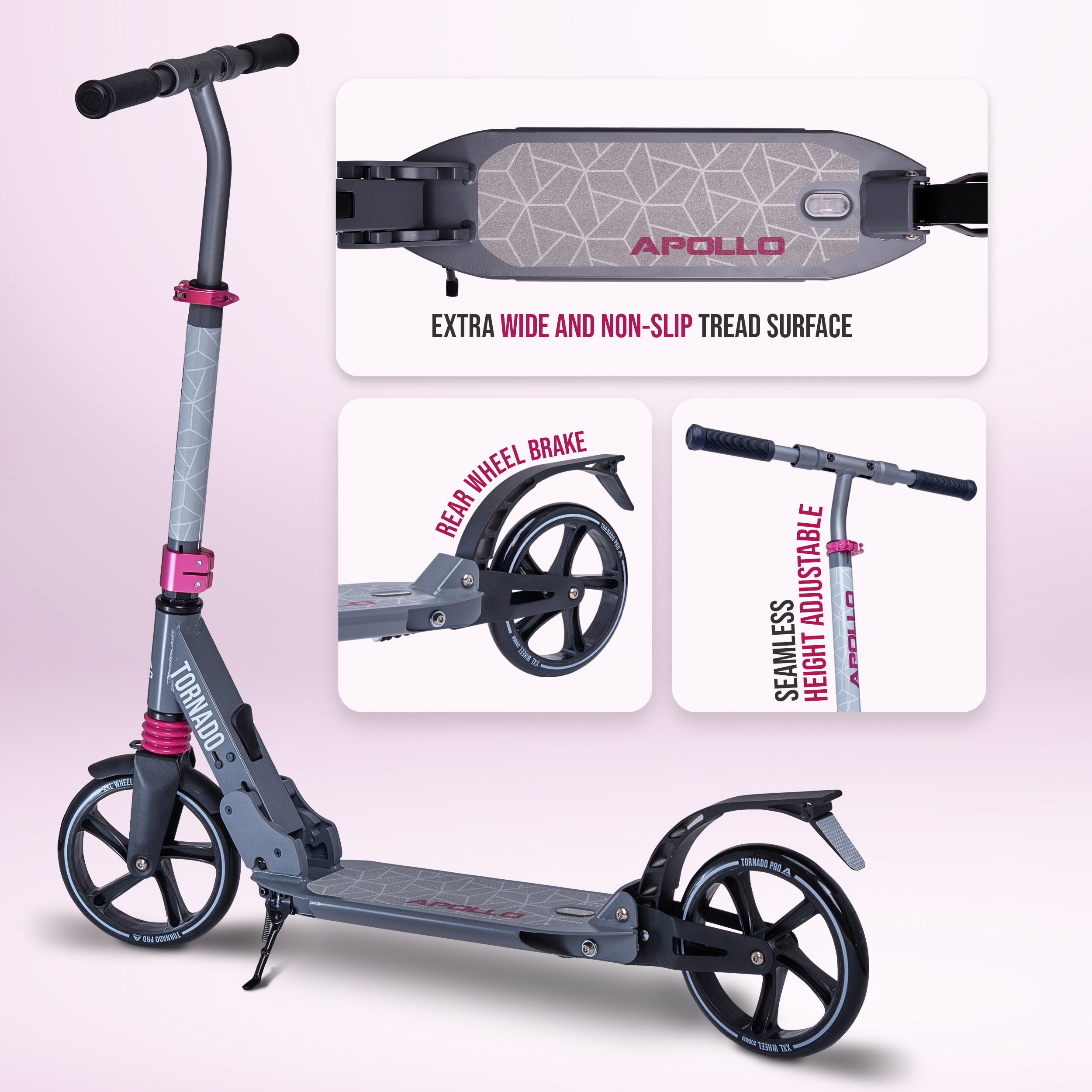 Apollo Autoped "Tornado 2.0" Cityroller voor Volwassenen en Kinderen Grijs Roze