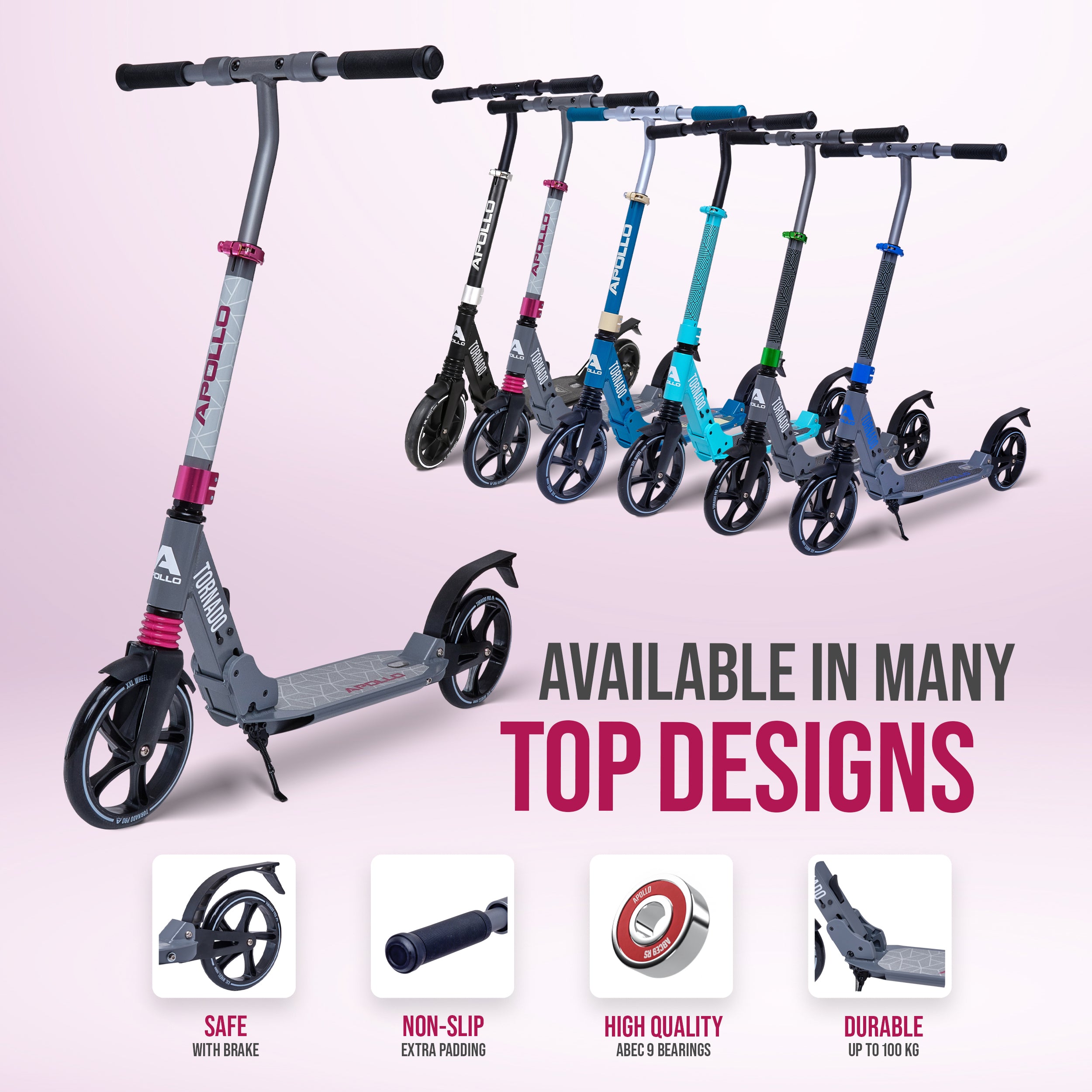 Apollo Autoped "Tornado 2.0" Cityroller voor Volwassenen en Kinderen Grijs Roze