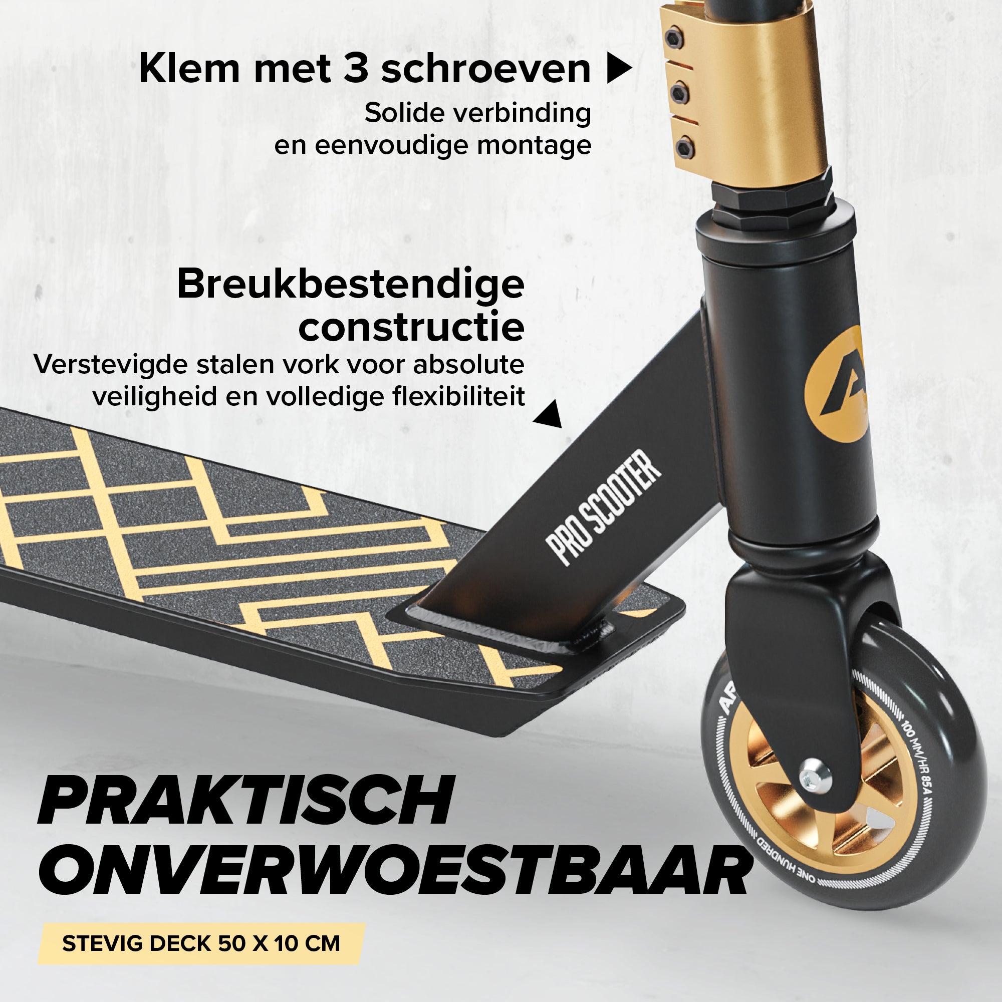 Apollo Stunt Scooter 'Genius Pro' hoogwaardige stuntstep met ABEC 9 kogellagers Zwart Goud