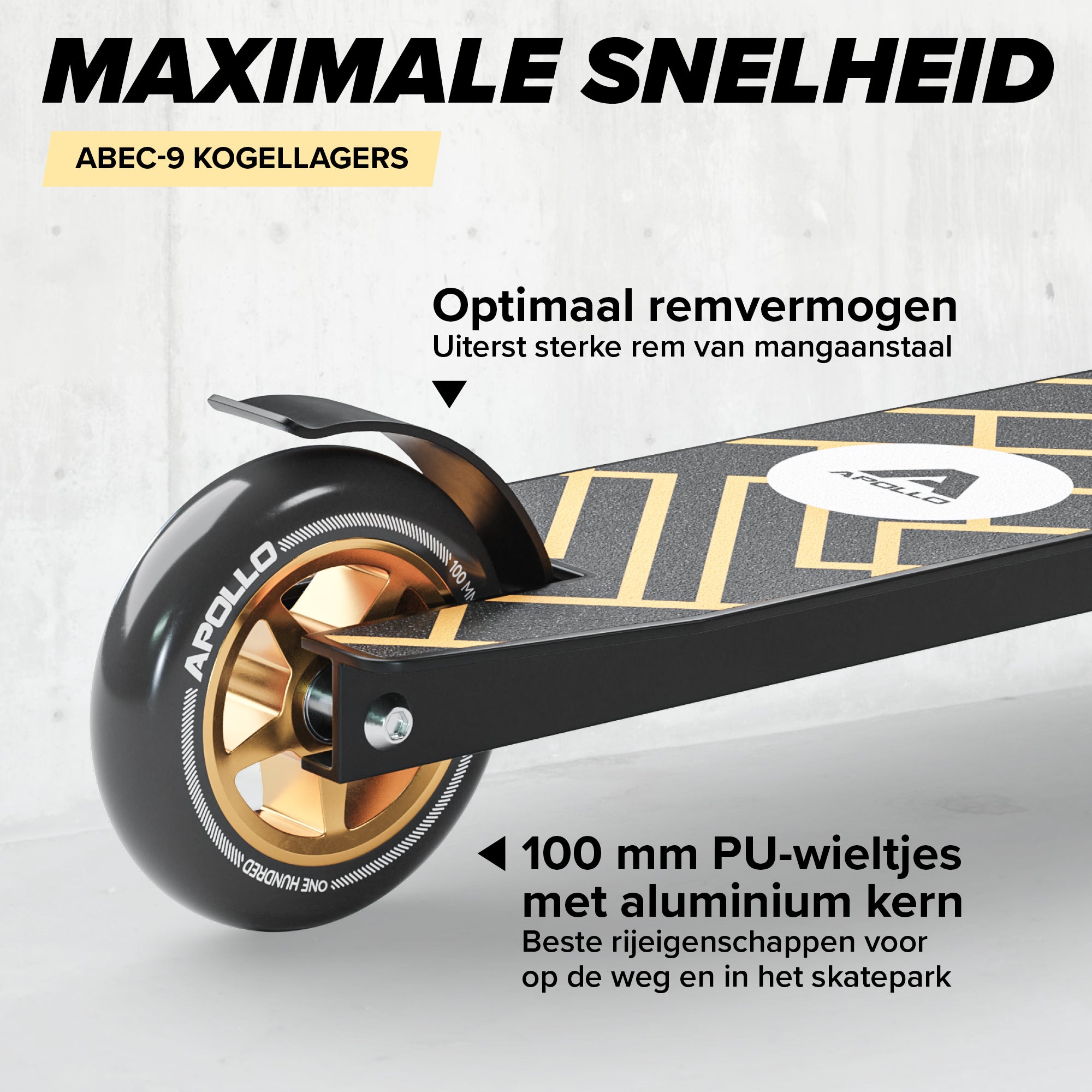 Apollo Stunt Scooter 'Genius Pro' hoogwaardige stuntstep met ABEC 9 kogellagers Zwart Goud