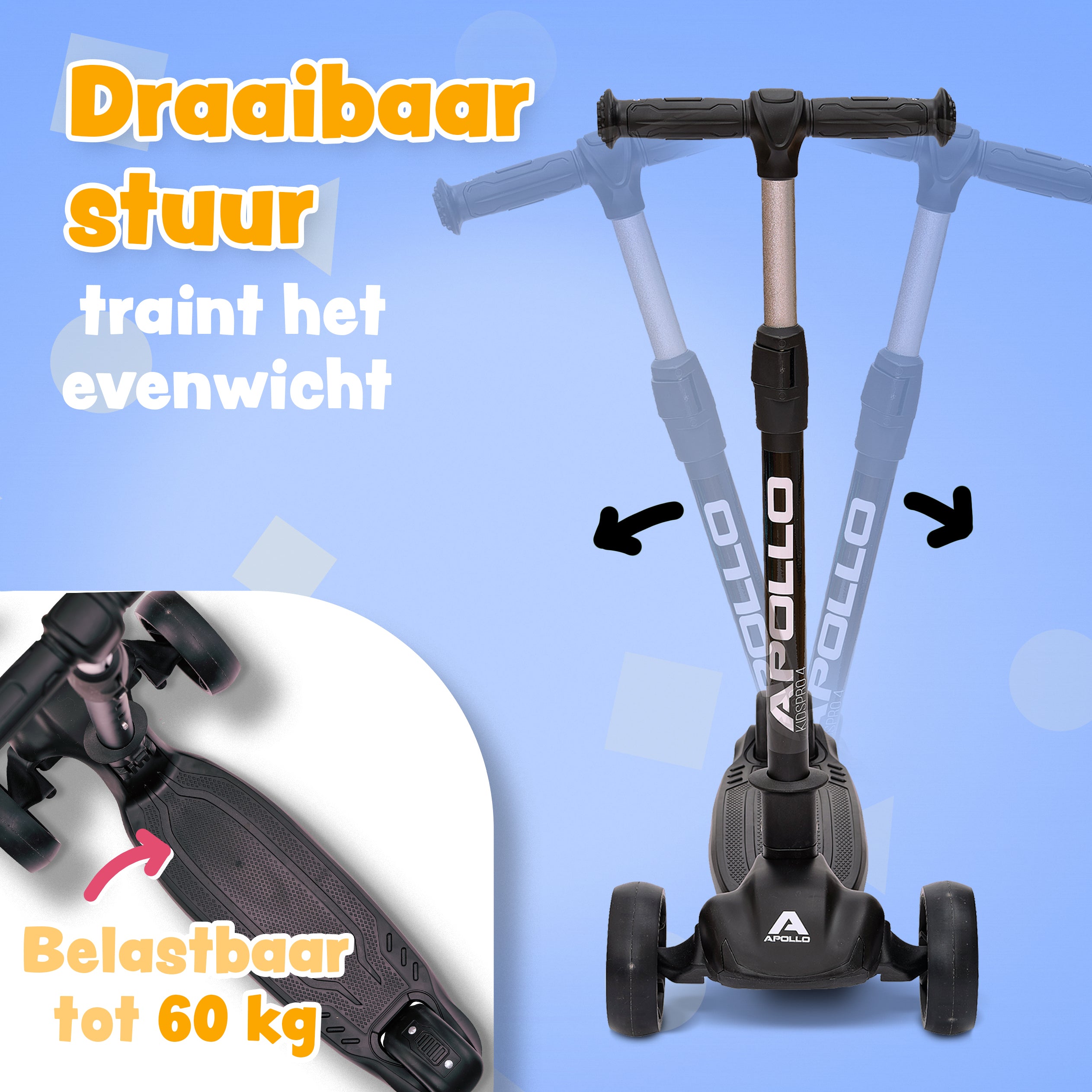 Apollo 'KidsPro 4' Opvouwbare Kinderstep met LED-Wielen Zwart