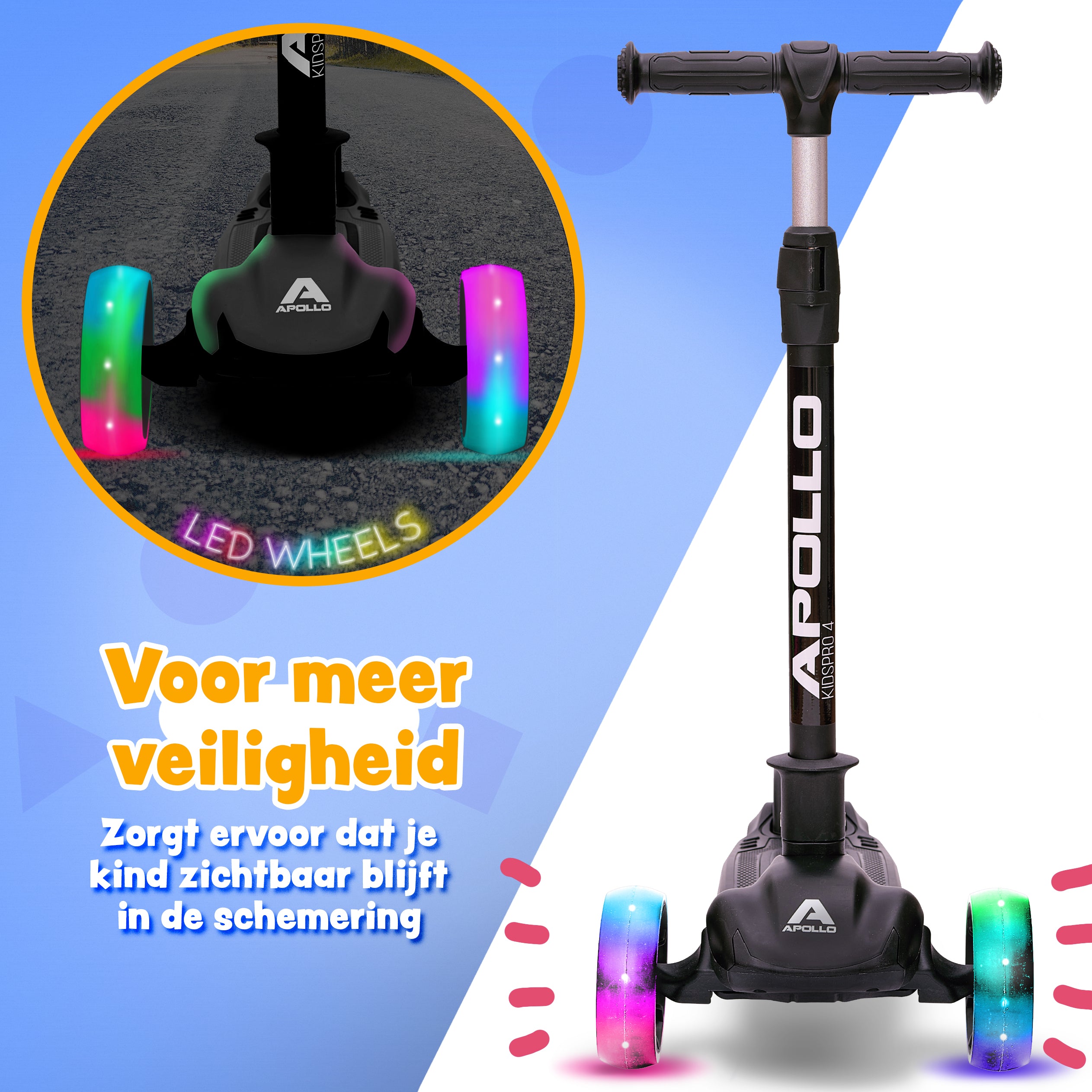 Apollo 'KidsPro 4' Opvouwbare Kinderstep met LED-Wielen Zwart