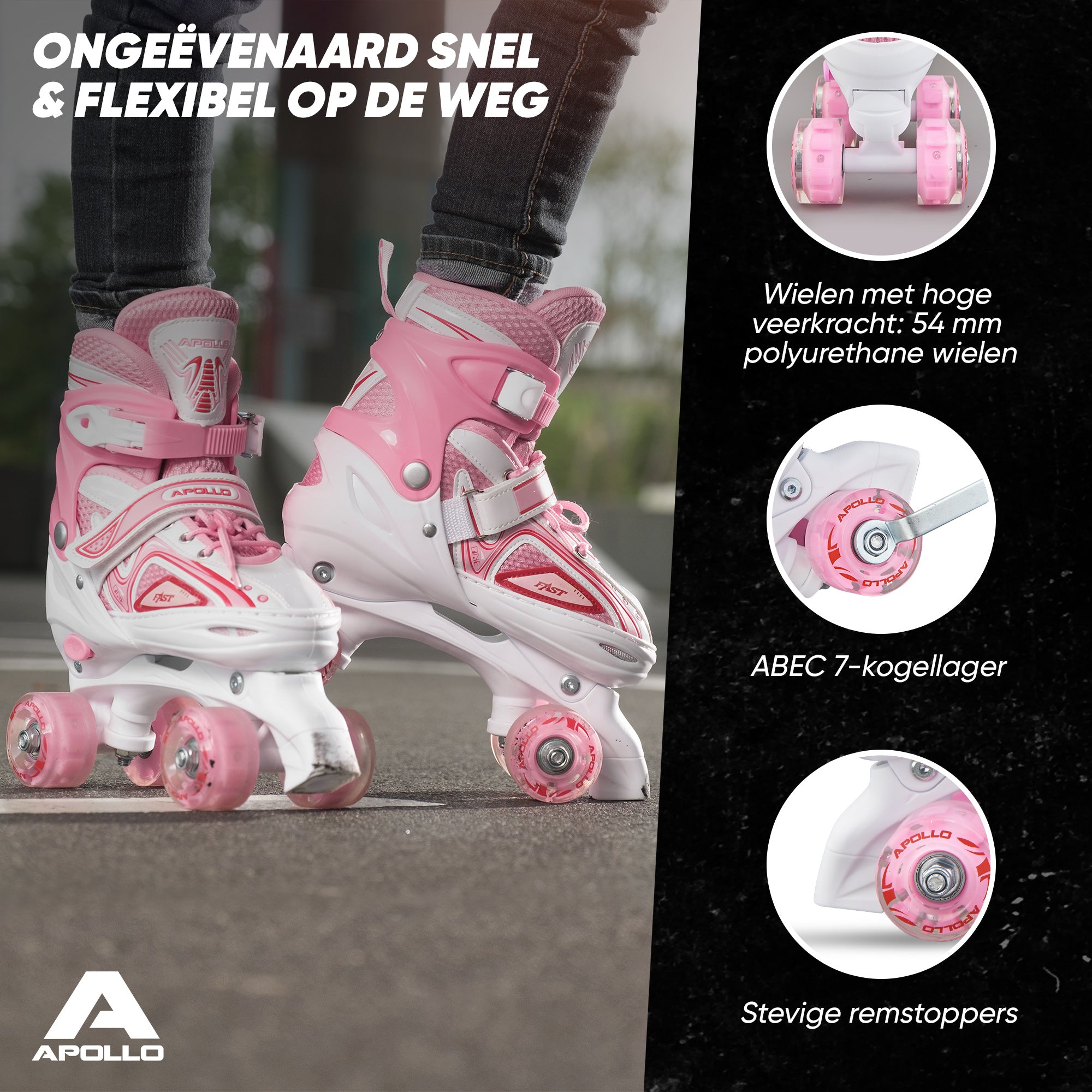 Apollo Verstelbare rolschaatsen 'Super Quads X Pro' maat 31-42, Wit/Roze L (39-42)