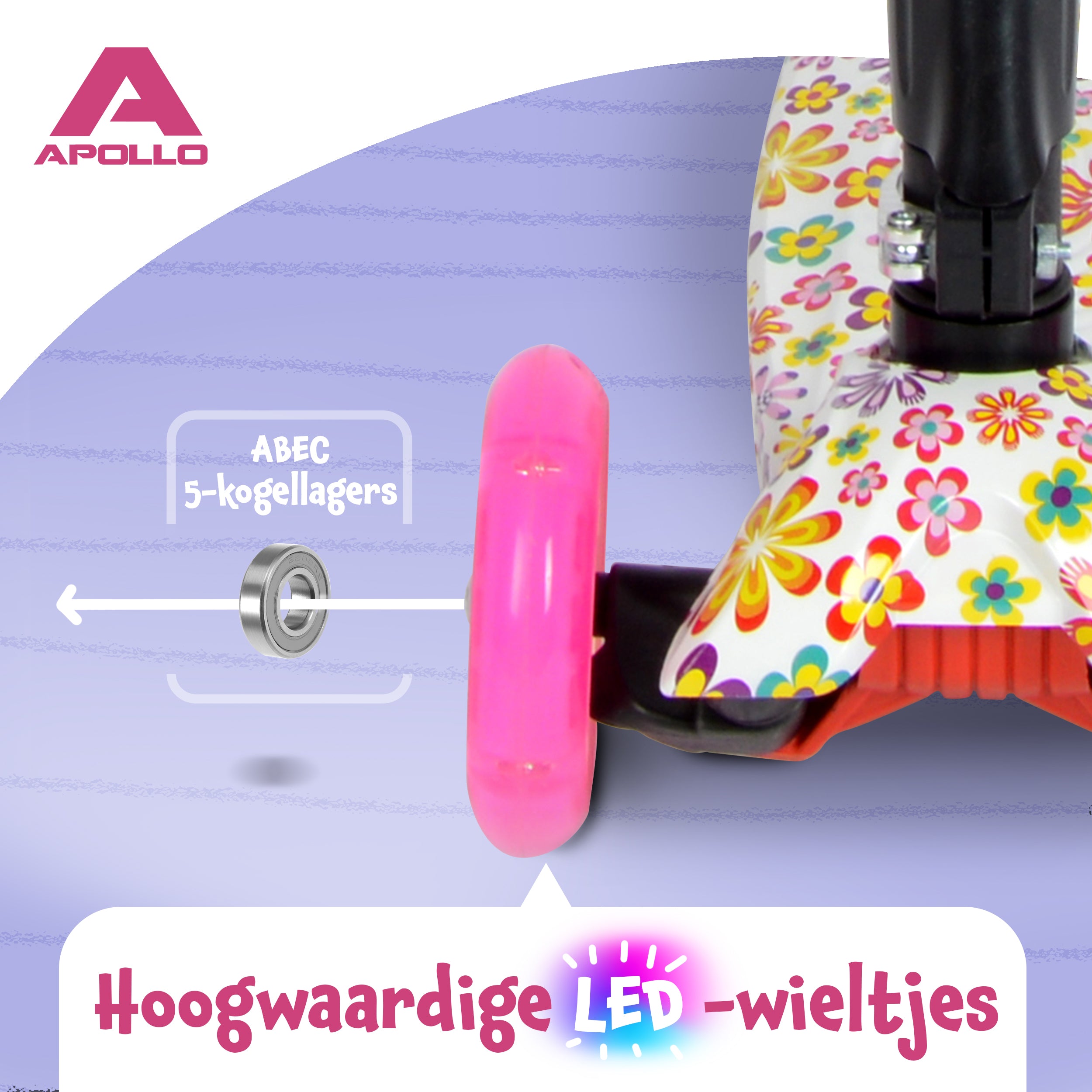 Apollo 'Kids Whiz' LED Scooter voor Kinderen - in verschillende kleuren Bloemenpatroon