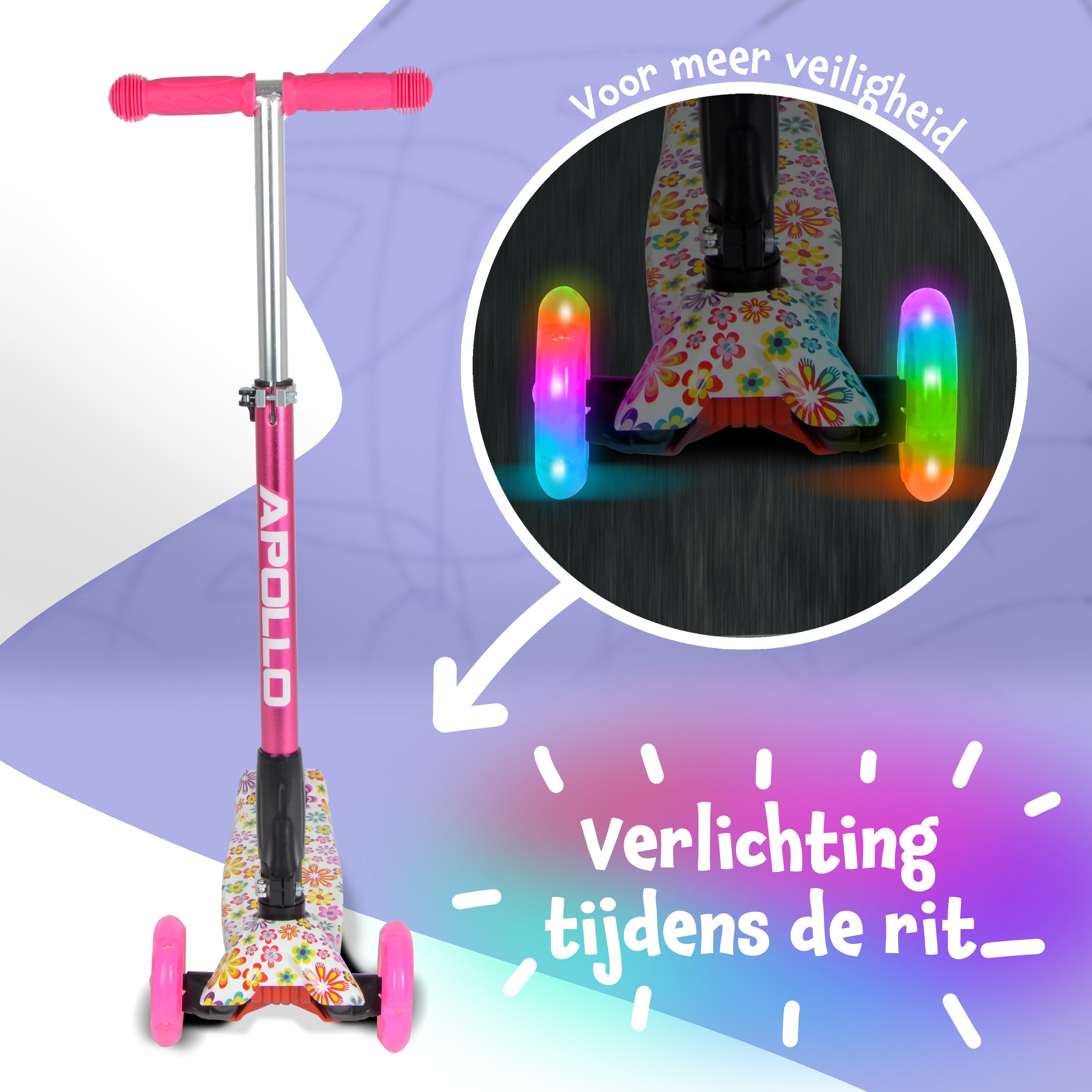 Apollo 'Kids Whiz' LED Scooter voor Kinderen - in verschillende kleuren Bloemenpatroon