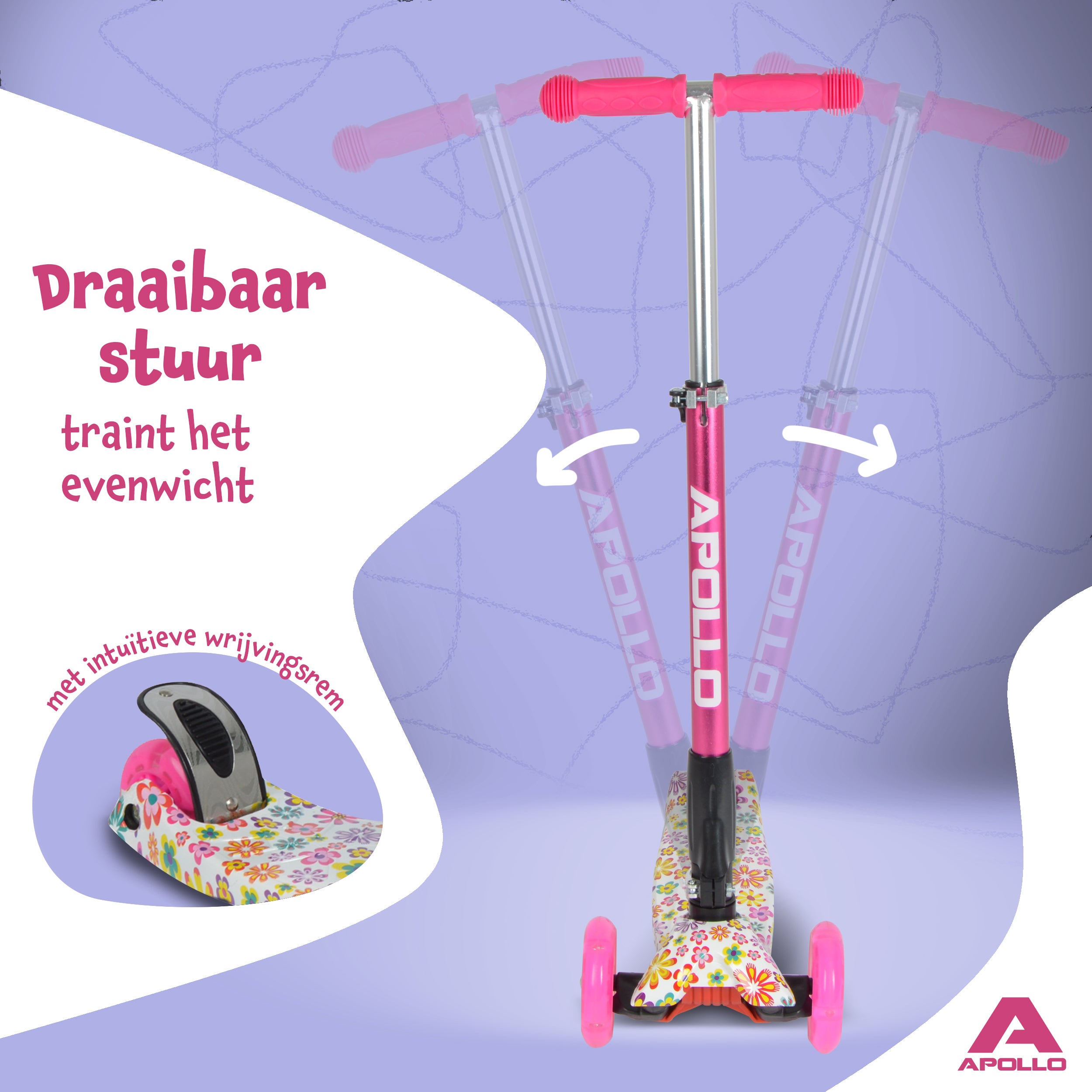 Apollo 'Kids Whiz' LED Scooter voor Kinderen - in verschillende kleuren Bloemenpatroon