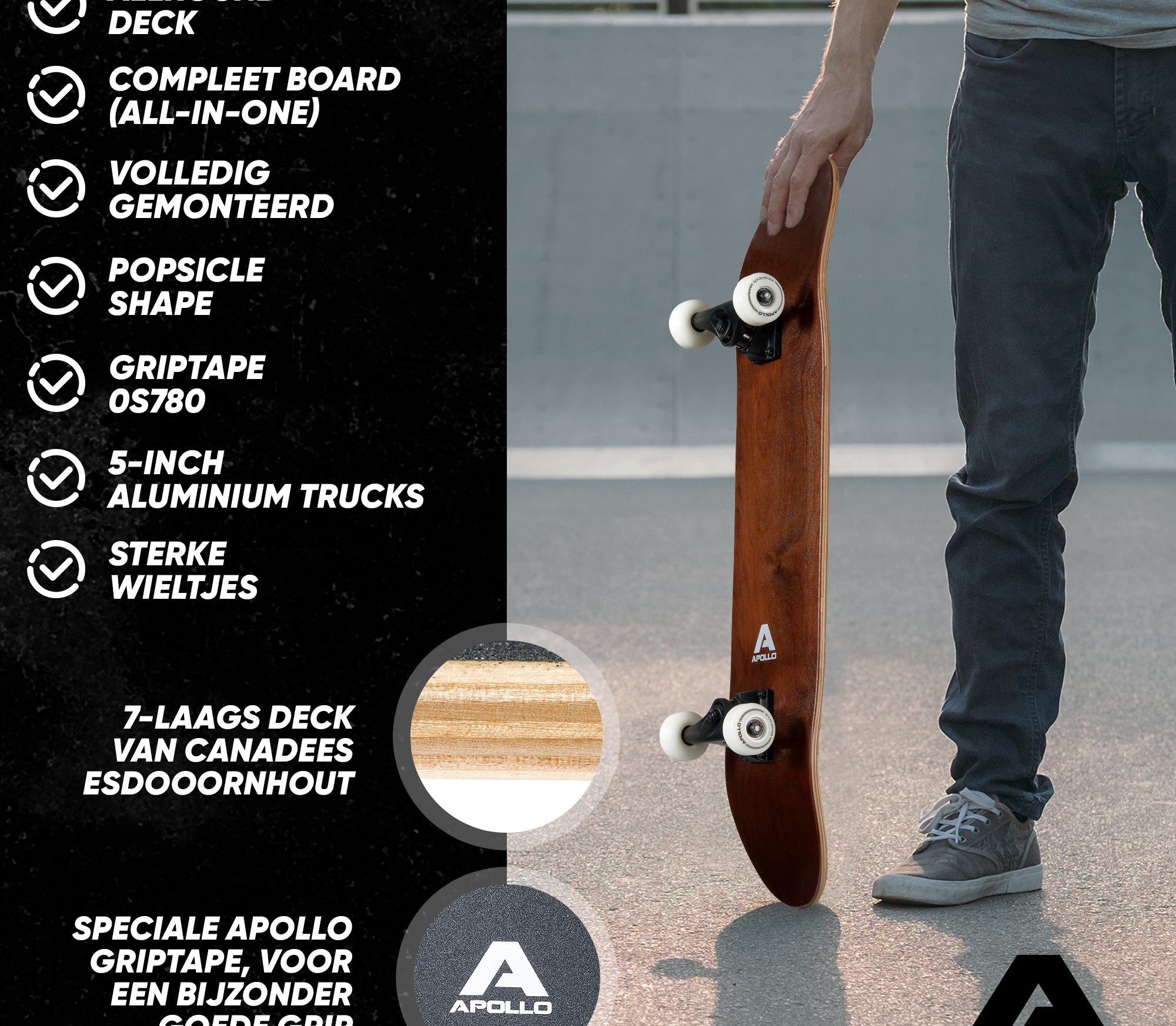 Apollo Skateboard Compleetboard 31 inch - Plain Wood Wood