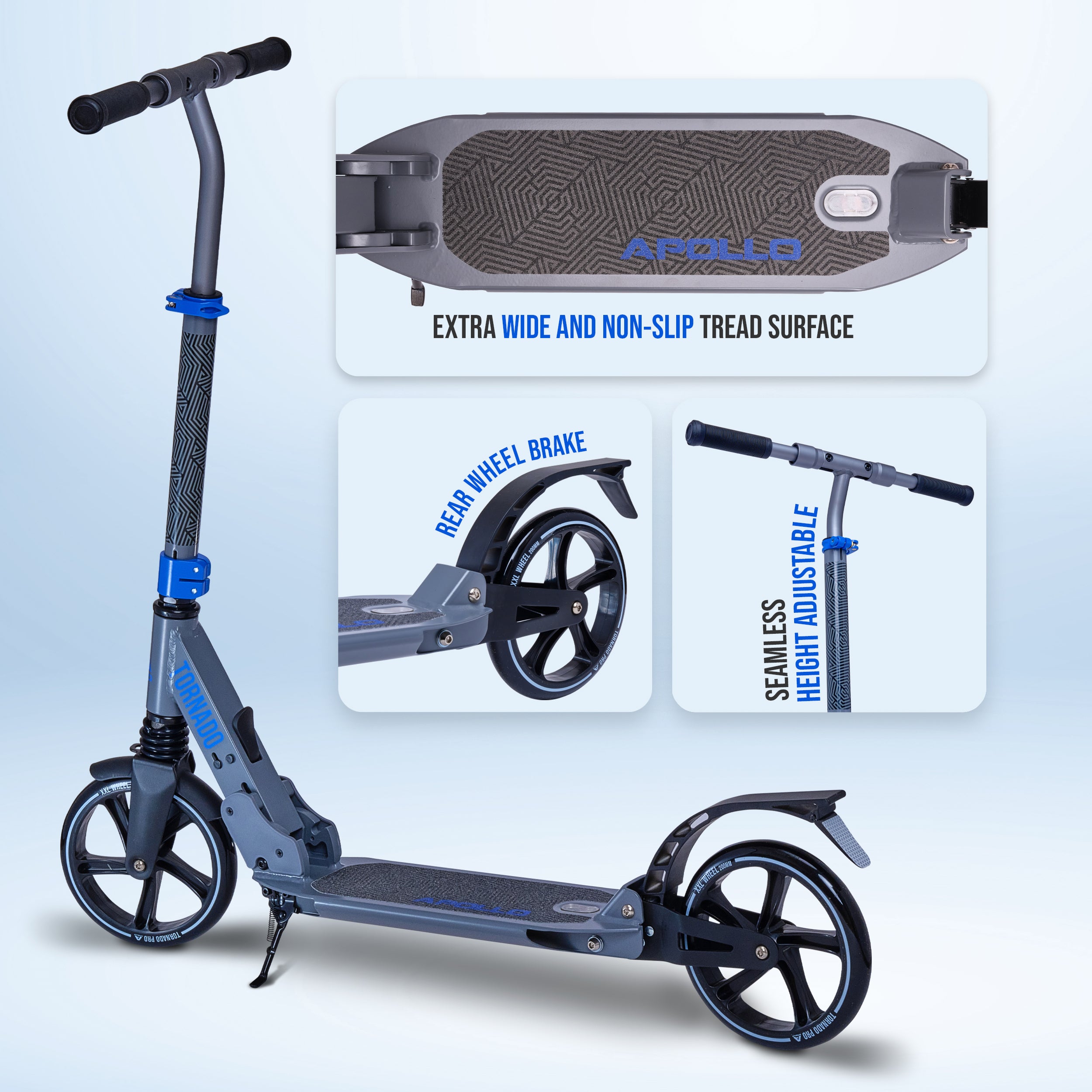 Apollo Autoped "Tornado 2.0" Cityroller voor Volwassenen en Kinderen Grijs Blauw