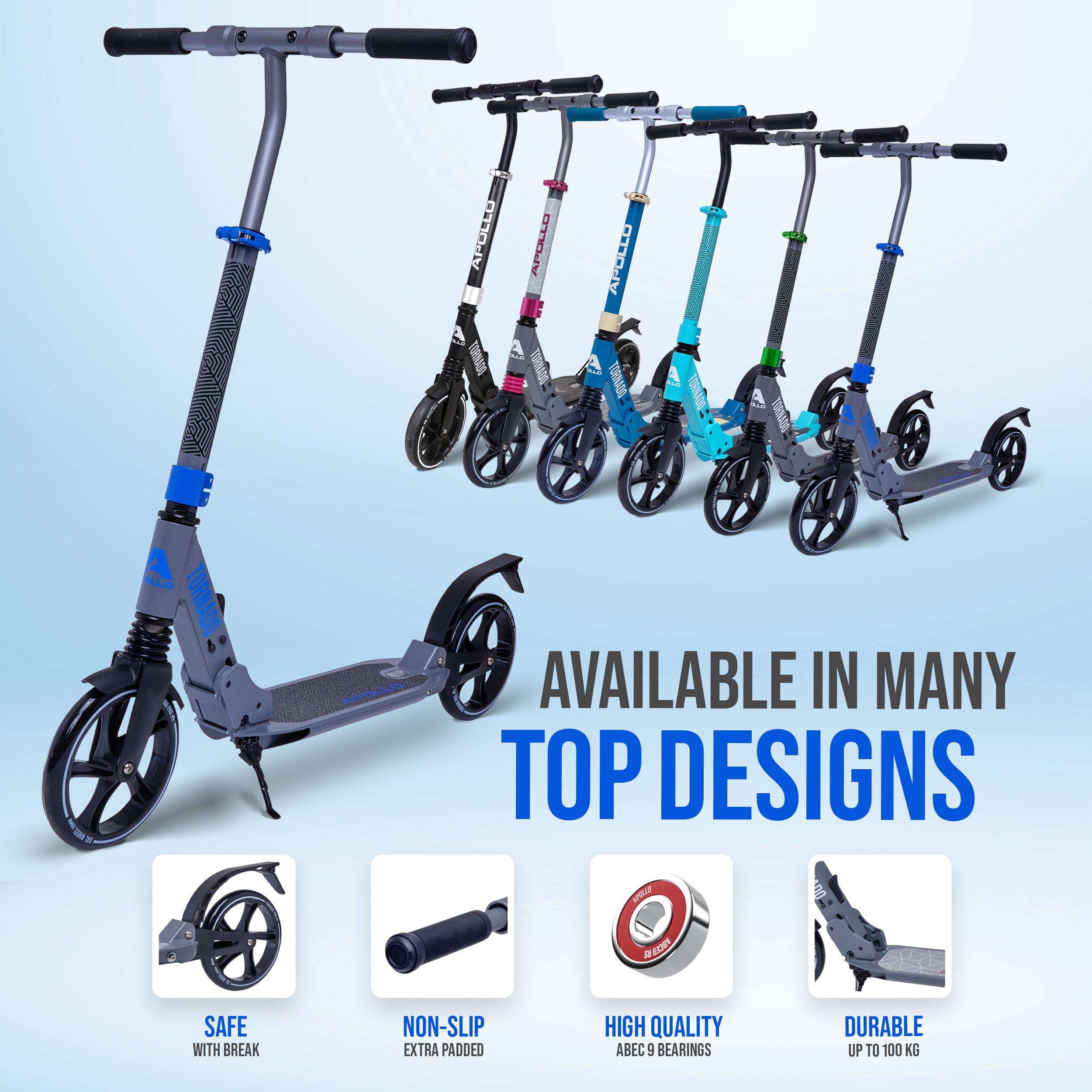 Apollo Autoped "Tornado 2.0" Cityroller voor Volwassenen en Kinderen Grijs Blauw