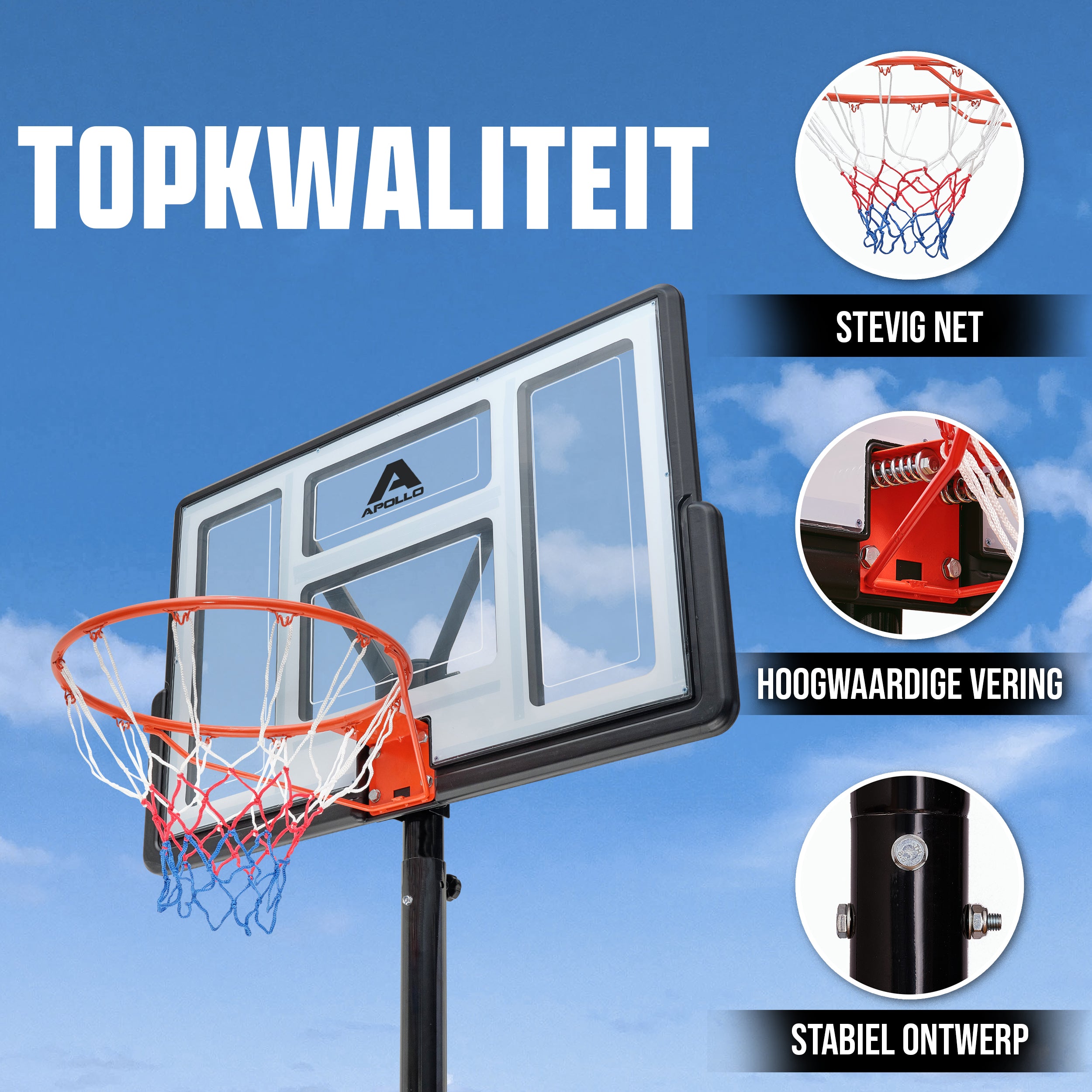Apollo Basketbalring Apollo met standaard en wielen, basketbal en pomp 230-305 cm