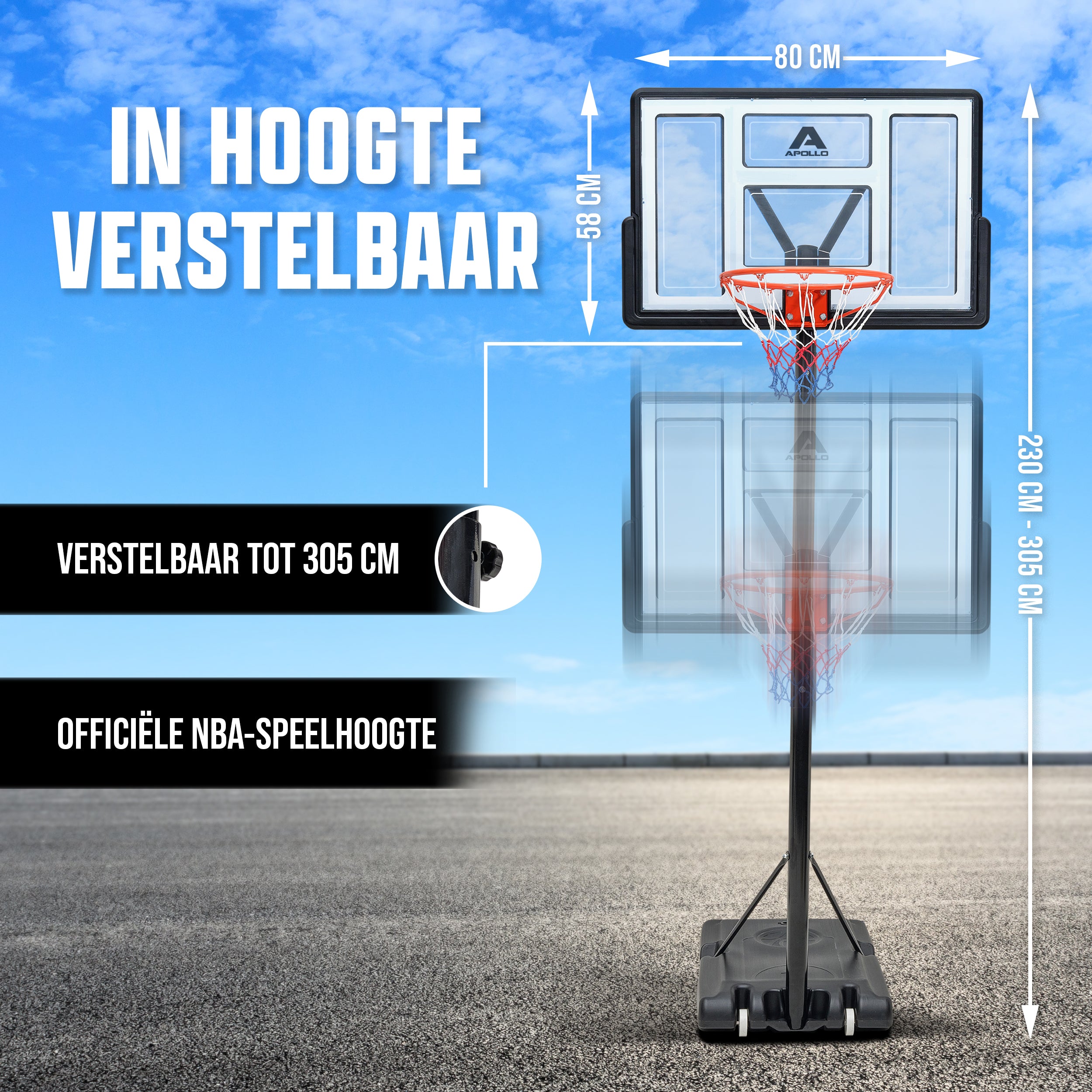 Apollo Basketbalring Apollo met standaard en wielen, basketbal en pomp 230-305 cm