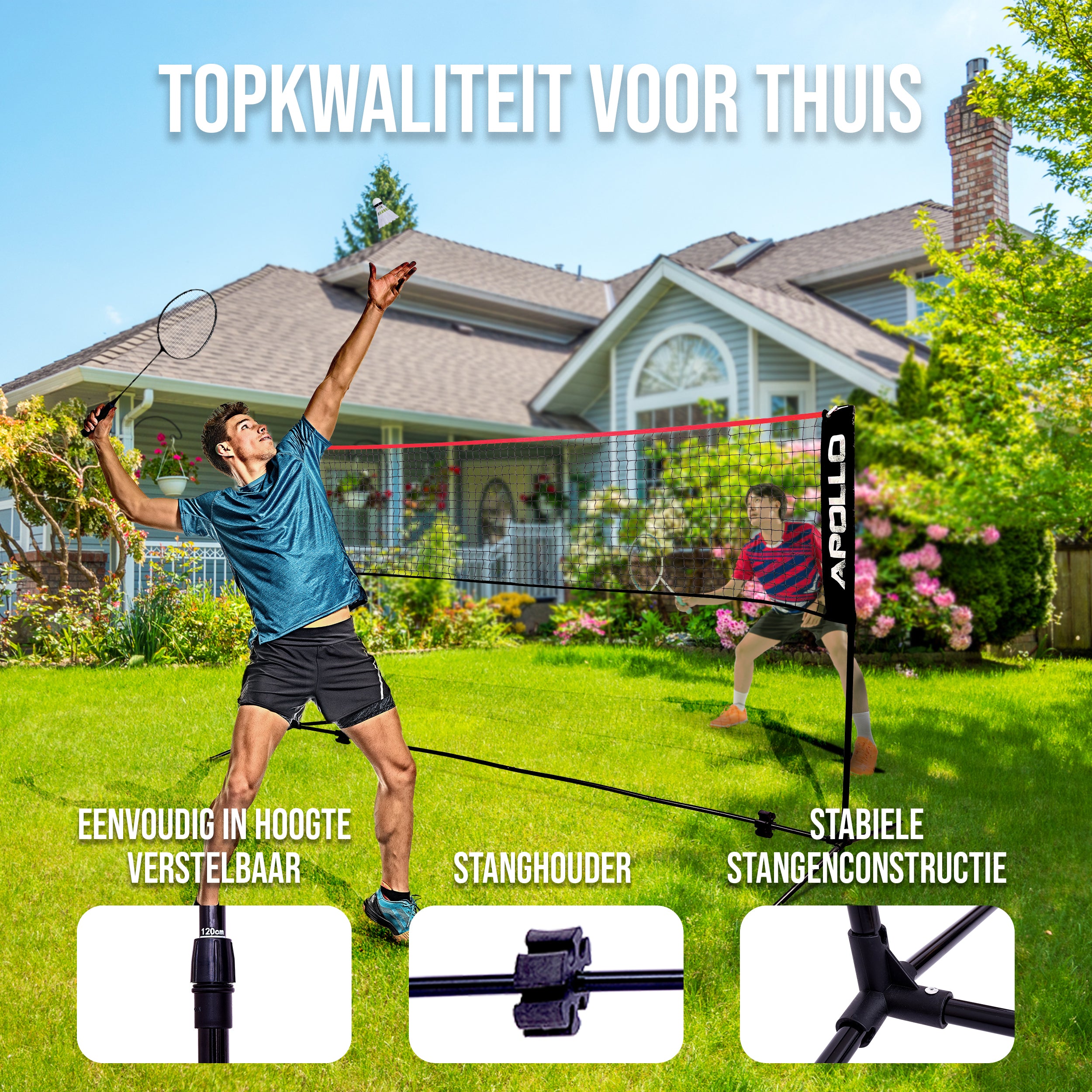 Apollo Badmintonnet - Volleybalnet in Drie Stappen & in Hoogte Verstelbaar Rood