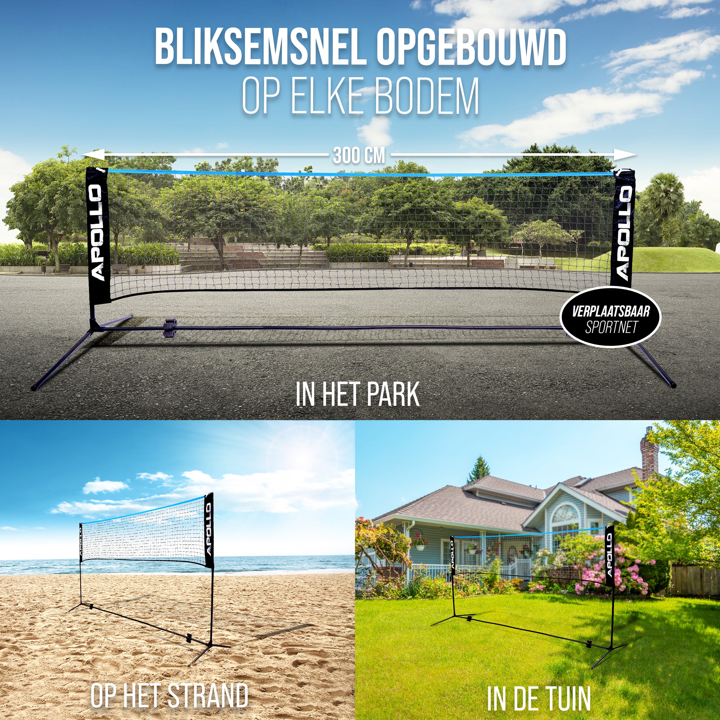 Apollo Badmintonnet - Volleybalnet in Drie Stappen & in Hoogte Verstelbaar Blauw