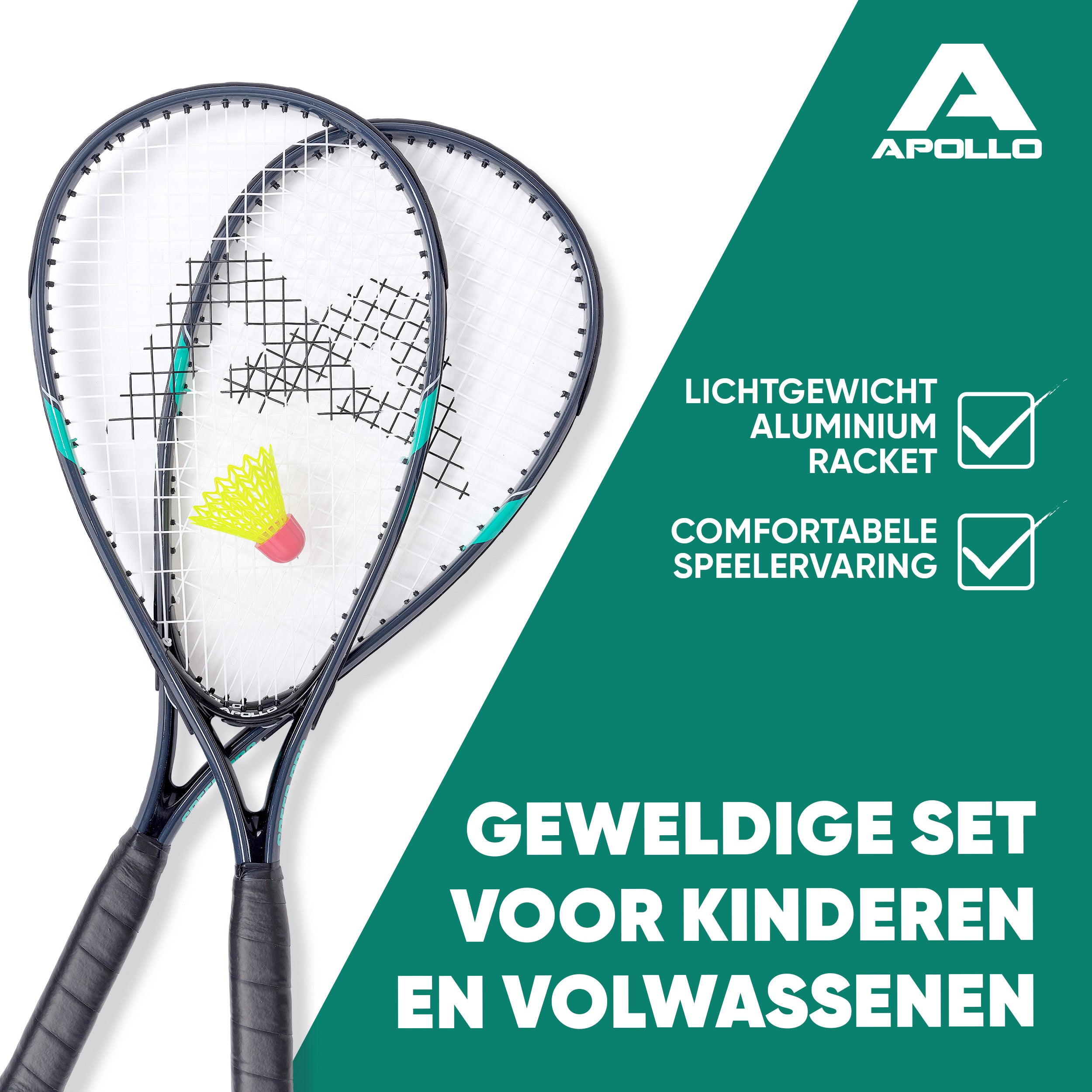 Apollo Speed Badmintonset met Badmintonshuttles en Badmintonracket Grijs Mint