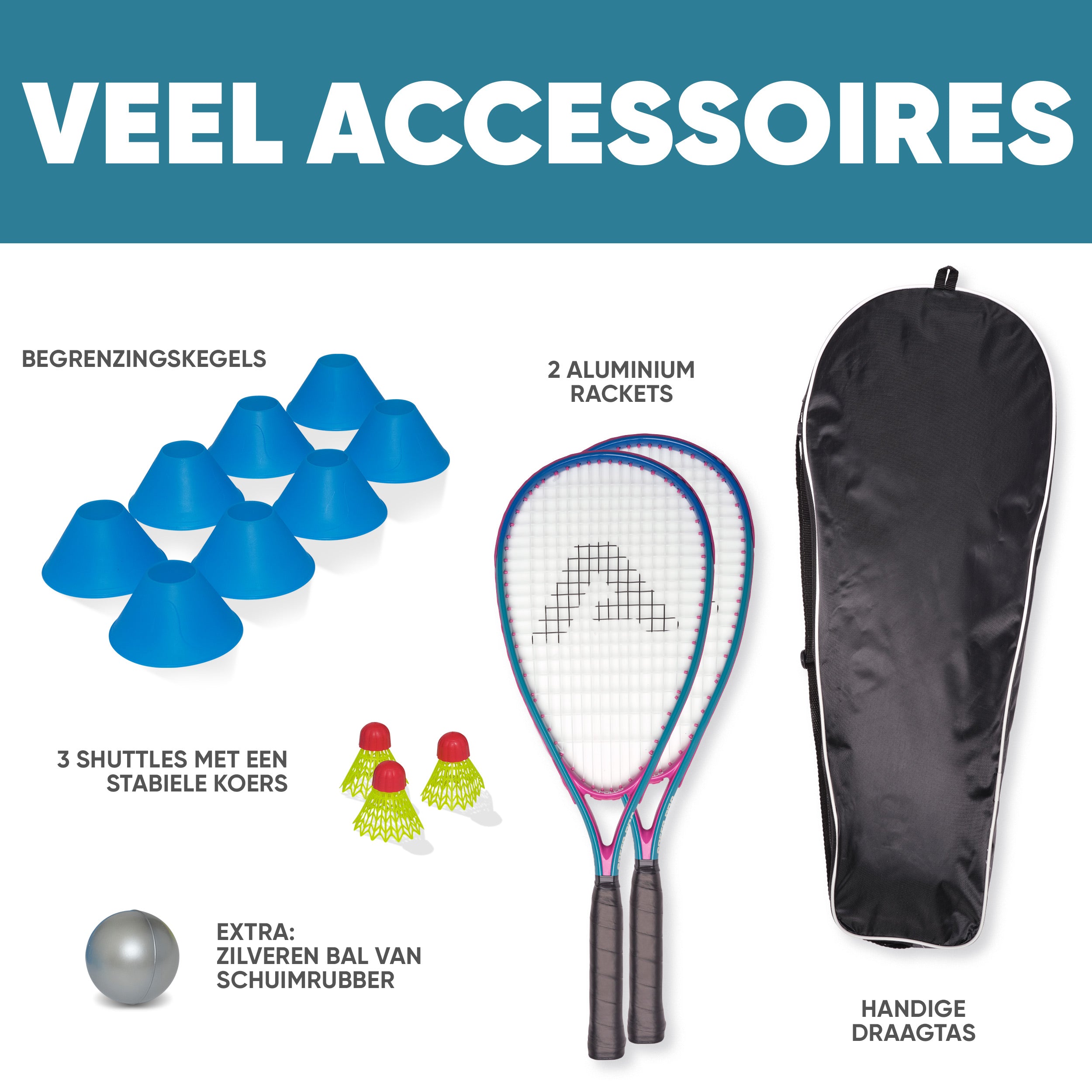 Apollo Speed Badmintonset met Badmintonshuttles en Badmintonracket Blauw Roze