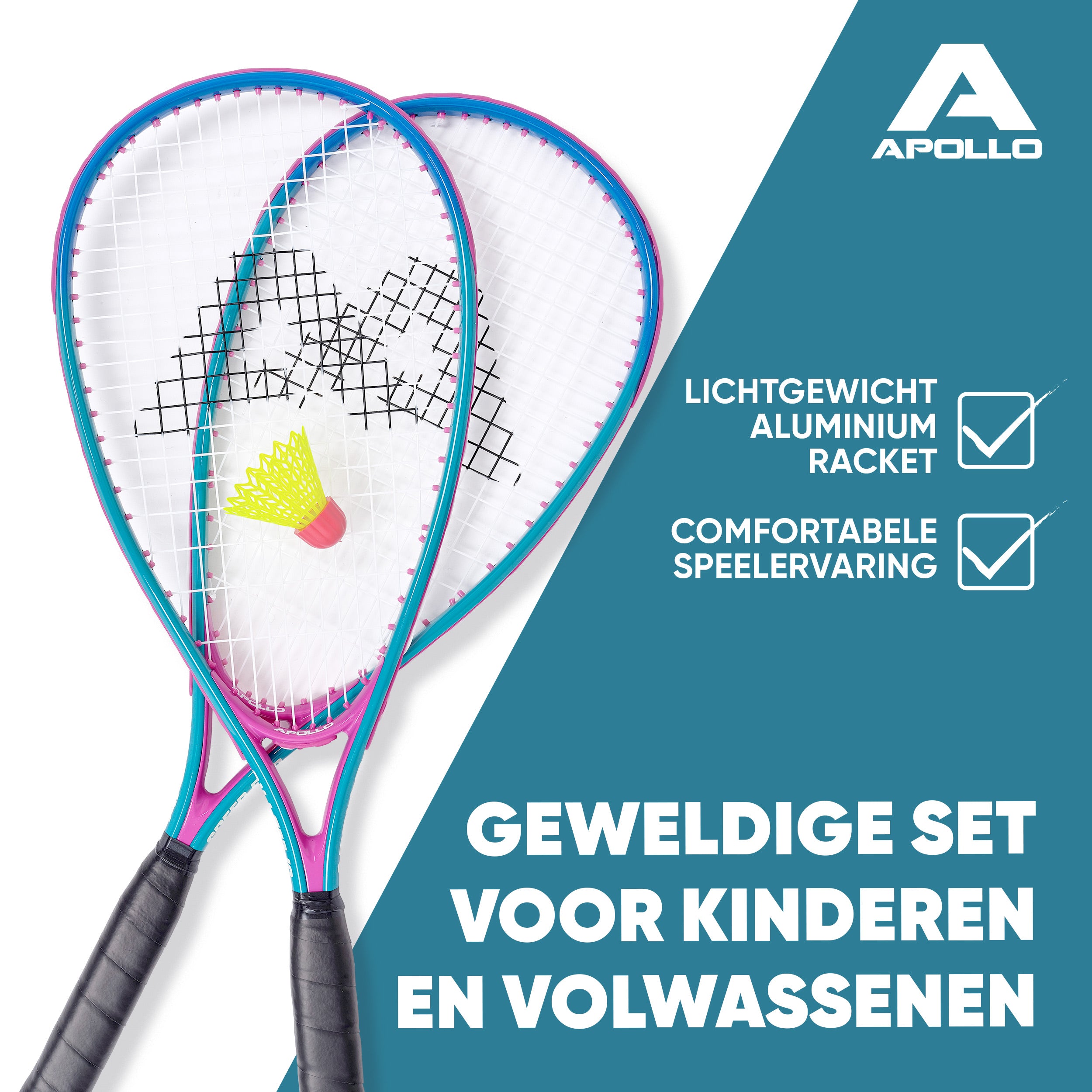 Apollo Speed Badmintonset met Badmintonshuttles en Badmintonracket Blauw Roze